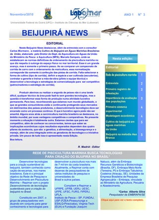 EDITORIAL
Neste Beijupirá News destaca-se, além da entrevista com o consultor
Carlos Wurmann, a matéria Cultivo do Beijupirá em Águas Marinhas Brasileiras
da União, elaborado pelo Diretor do Dept. de Aquicultura em Àguas da União
do Ministério da Pesca e Aquicultura (MPA), Marcelo Sampaio, onde se
estabelecem as normas definitivas de ordenamento da piscicultura marinha no
que diz respeito à outorga do espaço físico no mar territorial. Esse é um grande
avanço, mas é somente o primeiro passo. Ao se comparar um campeonato de
corrida de carro com o ordenamento da maricultura, essa normatização
corresponde tão somente à confecção das pistas de corrida. Falta selecionar a
forma de cultivo (tipo de corrida), definir a espécie a ser cultivada (escuderias),
contratar o gerente e treinar a mão-de-obra (piloto e equipe técnica) e
desenvolver a tecnologia e estratégias de comercialização para ser competitivo
(patrocinadores e estratégia de corrida).
Produzir alevinos ou realizar a engorda de peixes não é uma tarefa
difícil, qualquer técnico da área pode fazê-lo sem grandes tecnologias, mas a
questão é transformar essa forma de produção numa atividade lucrativa
permanente. Para isso, reconhecendo que estamos num mundo globalizado, e
que os grandes consumidores estão e continuarão protegendo seus mercados
em detrimentos dos países produtores, o desenvolvimento tecnológico deve ser
encarado como um processo contínuo. O que é lucrativo agora pode não ser
amanhã. Alguns anos atrás a carcinicultura marinha brasileira se destacava, no
âmbito mundial, por suas vantagens competitivas e comparativas. No presente
momento a situação é totalmente outra. Estamos cientes que para ser
competitivo, além de conhecer os concorrentes, temos que saber as
implicações econômicas cujos resultados esperados dependem dos quatro
pilares da zootecnia, que são: a genética, a alimentação, a biossegurança e o
manejo, além de uma integração entre as geradoras de tecnologia e a iniciativa
privada. Um pouco de tudo isso é apresentado nesta Edição.
Boa leitura.
R. Madrid - Editor
REDE DE PISCICULTURA MARINHA BUSCA TECNOLOGIAS
PARA CRIAÇÃO DO BIJUPIRÁ NO BRASIL*
Desenvolver tecnologias
para a criação sustentável do
beijupirá, também conhecido como
cação-de-escamas, nos mares
brasileiros. Este é o principal
objetivo da Rede de Pesquisa e
Desenvolvimento em Piscicultura
Marinha – Repimar com o projeto
Desenvolvimento de tecnologias
sustentáveis para a criação do
beijupirá no Brasil.
Constituído em 2007, o
grupo de pesquisadores vem
atuando em conjunto para gerar
conhecimento e tecnologias para
BEIJUPIRÁ NEWS
Nesta edição:
Editorial
Rede de piscicultura marinha 1
Entrevista 2
Primeiro registro de
infestação
3
Importância da avaliação
das populações
3
Primeiro sistema
experimental
4
Modelagem econômica 4
Cultivo de beijupirá em
águas marinhas
da União
5
Beijupirá na melodia Asa
Branca
5
Novembro/2010 ANO 1 No
3
desenvolver a piscicultura nos mais
de 7 mil km da costa brasileira.
Atualmente, a Repimar conta com
dezenas de pesquisadores de
vários institutos de pesquisa e
universidades do
Brasil e outros países.
Compõem a Repimar a
UFRPE, UFRB, UERJ, UESC,
UFPE, UFSC, FURG, FIPERJ,
UFLA,
Instituto de Pesca – SP, FUNDAJ,
USP (FZEA-Pirassununga e
ESALQ-Piracicaba), Virginia Tech
(EUA) e Fundação Joaquim
Nabuco, além da Embrapa
Recursos Genéticos e Biotecnologia
(Brasília, DF), Embrapa Meio-Norte
(Teresina, PI) e Embrapa Tabuleiros
Costeiros (Aracaju, SE), Unidades da
Empresa Brasileira de Pesquisa
Agropecuária – Embrapa, vinculada
ao Ministério da Agricultura, Pecuária
e Abastecimento.
*Carlos Alberto Silva
Pesquisador da EMBRAPA/SE
Clique aqui para ver o texto completo.
Universidade Federal do Ceará (UFC)— Instituto de Ciências do Mar (Labomar)
 