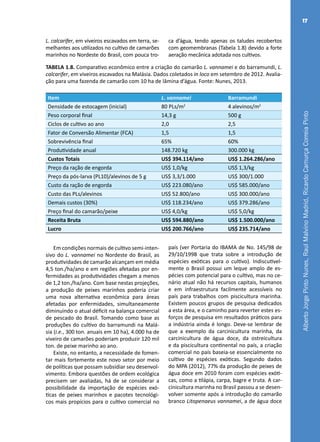 AlbertoJorgePintoNunes,RaulMalvinoMadrid,RicardoCamurçaCorreiaPinto
17
TABELA 1.8. Comparativo econômico entre a criação do camarão L. vannamei e do barramundi, L.
calcarifer, em viveiros escavados na Malásia. Dados coletados in loco em setembro de 2012. Avalia-
ção para uma fazenda de camarão com 10 ha de lâmina d’água. Fonte: Nunes, 2013.
Item L. vannamei Barramundi
Densidade de estocagem (inicial) 80 PLs/m2
4 alevinos/m2
Peso corporal final 14,3 g 500 g
Ciclos de cultivo ao ano 2,0 2,5
Fator de Conversão Alimentar (FCA) 1,5 1,5
Sobrevivência final 65% 60%
Produtividade anual 148.720 kg 300.000 kg
Custos Totais US$ 394.114/ano US$ 1.264.286/ano
Preço da ração de engorda US$ 1,0/kg US$ 1,3/kg
Preço da pós-larva (PL10)/alevinos de 5 g US$ 3,3/1.000 US$ 300/1.000
Custo da ração de engorda US$ 223.080/ano US$ 585.000/ano
Custo das PLs/alevinos US$ 52.800/ano US$ 300.000/ano
Demais custos (30%) US$ 118.234/ano US$ 379.286/ano
Preço final do camarão/peixe US$ 4,0/kg US$ 5,0/kg
Receita Bruta US$ 594.880/ano US$ 1.500.000/ano
Lucro US$ 200.766/ano US$ 235.714/ano
Em condições normais de cultivo semi-inten-
sivo do L. vannamei no Nordeste do Brasil, as
produtividades de camarão alcançam em média
4,5 ton./ha/ano e em regiões afetadas por en-
fermidades as produtividades chegam a menos
de 1,2 ton./ha/ano. Com base nestas projeções,
a produção de peixes marinhos poderia criar
uma nova alternativa econômica para áreas
afetadas por enfermidades, simultaneamente
diminuindo o atual déficit na balança comercial
de pescado do Brasil. Tomando como base as
produções do cultivo do barramundi na Malá-
sia (i.e., 300 ton. anuais em 10 ha), 4.000 ha de
viveiro de camarões poderiam produzir 120 mil
ton. de peixe marinho ao ano.
Existe, no entanto, a necessidade de fomen-
tar mais fortemente este novo setor por meio
de políticas que possam subsidiar seu desenvol-
vimento. Embora questões de ordem ecológica
precisem ser avaliadas, há de se considerar a
possibilidade da importação de espécies exó-
ticas de peixes marinhos e pacotes tecnológi-
cos mais propícios para o cultivo comercial no
país (ver Portaria do IBAMA de No. 145/98 de
29/10/1998 que trata sobre a introdução de
espécies exóticas para o cultivo). Indiscutivel-
mente o Brasil possui um leque amplo de es-
pécies com potencial para o cultivo, mas no ce-
nário atual não há recursos capitais, humanos
e em infraestrutura facilmente acessíveis no
país para trabalhos com piscicultura marinha.
Existem poucos grupos de pesquisa dedicados
a esta área, e o caminho para reverter estes es-
forços de pesquisa em resultados práticos para
a indústria ainda é longo. Deve-se lembrar de
que a exemplo da carcinicultura marinha, da
carcinicultura de água doce, da ostreicultura
e da piscicultura continental no país, a criação
comercial no país baseia-se essencialmente no
cultivo de espécies exóticas. Segundo dados
do MPA (2012), 77% da produção de peixes de
água doce em 2010 foram com espécies exóti-
cas, como a tilápia, carpa, bagre e truta. A car-
cinicultura marinha no Brasil passou a se desen-
volver somente após a introdução do camarão
branco Litopenaeus vannamei, a de água doce
L. calcarifer, em viveiros escavados em terra, se-
melhantes aos utilizados no cultivo de camarões
marinhos no Nordeste do Brasil, com pouca tro-
ca d’água, tendo apenas os taludes recobertos
com geomembranas (Tabela 1.8) devido a forte
aeração mecânica adotada nos cultivos.
 