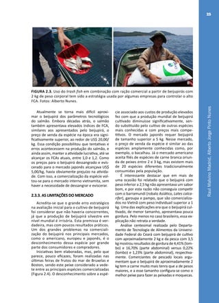 RaulMalvinoMadrid,AlbertoJorgePintoNunes
25
A B
FIGURA 2.3. Uso do trash fish em combinação com ração comercial a partir de beijupirás com
2 kg de peso corporal tem sido a estratégia usada por algumas empresas para controlar o alto
FCA. Fotos: Alberto Nunes.
Atualmente se torna mais difícil aproxi-
mar o beijupirá dos parâmetros tecnológicos
do salmão. Embora décadas atrás, o salmão
também apresentava elevados índices de FCA,
similares aos apresentados pelo beijupirá, o
preço de venda da espécie na época era signi-
ficativamente superior, ao redor de US$ 20,00/
kg. Essa condição possibilitou que tentativas e
erros acontecessem na produção do salmão, e
ainda assim, manter a atividade lucrativa, até se
alcançar os FCAs atuais, entre 1,0 e 1,2. Como
os preços para o beijupirá dessangrado e evis-
cerado para o mercado japonês alcançava US$
5,00/kg, havia obviamente prejuízo na ativida-
de. Com isso, a comercialização da espécie vol-
tou-se para o mercado interno vietnamita, sem
haver a necessidade de dessangrar e eviscerar.
2.3.3. AS LIMITAÇÕES DO MERCADO
Acredita-se que o grande erro estratégico
na avaliação inicial para o cultivo de beijupirá
foi considerar que não haveria concorrentes,
já que a produção de beijupirá silvestre em
nível mundial é irrisória. Esta premissa é ver-
dadeira, mas com poucos resultados práticos.
Um dos grandes problemas na comerciali-
zação do beijupirá nos principais mercados,
como o americano, europeu e japonês, é o
desconhecimento dessa espécie por grande
parte dos consumidores e compradores.
Iniciativas bem elaboradas, mas, pelo que
parece, pouco eficazes, foram realizadas nas
últimas feiras de frutos do mar de Bruxelas e
Boston, sendo este peixe considerado a vede-
te entre as principais espécies comercializadas
(Figura 2.4). O desconhecimento sobre a espé-
cie associado aos custos de produção elevados
fez com que a produção mundial de beijupirá
cultivado diminuísse significativamente, sen-
do substituído pelo cultivo de outras espécies
mais conhecidas e com preços mais compe-
titivos. O mercado japonês requer beijupirá
de tamanho superior a 5 kg. Nesse mercado,
o preço de venda da espécie é similar ao das
espécies amplamente conhecidas como, por
exemplo, o bacalhau. Já o mercado americano
aceita filés de espécies de carne branca oriun-
da de peixes entre 2 e 3 kg, mas existem mais
de 20 espécies diferentes tradicionalmente
consumidas pela população.
É interessante destacar que em mais de
uma ocasião foi relatado que o beijupirá com
peso inferior a 2,5 kg não apresentava um sabor
bom, e por esta razão não conseguia competir
com o barramundi (robalo Asiático, Lates calca-
rifer), garoupa e pampo, que são comercializa-
dos no Vietnã com peso individuail superior a 1
kg. Uma das explicações era que o beijupirá cul-
tivado, de menor tamanho, apresentava pouca
gordura. Pelo menos no caso brasileiro, essa ex-
plicação não retrata a verdade.
Análise centesimal realizada pelo Departa-
mento de Tecnologia de Alimentos da Universi-
dade Federal do Ceará com beijupirá de cultivo
com aproximadamente 2 kg e da pesca com 3,5
kg mostrou resultados de gordura de 4,41% (lom-
bo) e 16,70% (parte abdominal) versus 0,22%
(lombo) e 1,23% (parte abdominal), respectiva-
mente. Comerciantes de pescado locais argu-
mentam que o beijupirá de aproximadamente 2
kg tem a carne muito mais tenra que a de pesos
maiores, e a esse tamanho configura-se como o
melhor peixe para fazer as peixadas e moquecas.
 