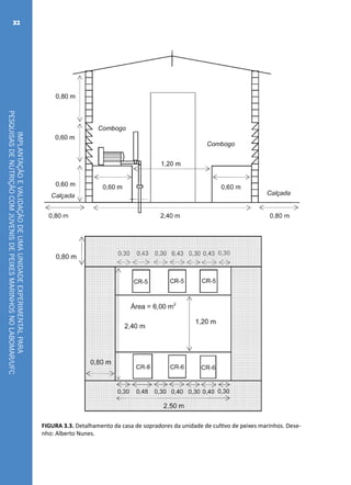IMPLANTAÇÃOEVALIDAÇÃODEUMAUNIDADEEXPERIMENTALPARA
PESQUISASDENUTRIÇÃOCOMJUVENISDEPEIXESMARINHOSNOLABOMAR/UFC
32
FIGURA 3.3. Detalhamento da casa de sopradores da unidade de cultivo de peixes marinhos. Dese-
nho: Alberto Nunes.
 