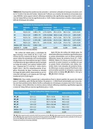 AlbertoJorgePintoNunes,RicardoCamurçaCorreiaPinto,HassanSabryNetoetal.
43
TABELA 3.4. Desempenho zootécnico do camarão L. vannamei cultivado em tanques circulares com
6,4 m3
(5,30 m2
de área de fundo). Valores de P referem-se à Análise de Variância Univariada (one
-way ANOVA). Letras iguais indicam diferença estatística não significativa segundo o teste a poste-
riori de Tukey HSD ao nível de significância de α = 0,05. Dados representam a media ± desvio padrão
(DP) de 19 tanques de cultivo.
Dieta
Parâmetros de Desempenho Zootécnico
Sobreviv.
(%)
Produt.
(g/m2
)
Crescimento
Semanal (g)
Peso
Corporal (g)
Consumo
(g/cam.)
FCA
#1 92,0 ± 3,9 1.081 ± 74 1,72 ± 0,07a 20,1 ± 0,7a 36,5 ± 5,6 2,22 ± 0,21
#2 92,2 ± 1,0 1.000 ± 74 1,59 ± 0,10ab 18,8 ± 1,1ab 27,9 ± 1,5 1,84 ± 0,09
#3 91,9 ± 7,4 1.053 ± 119 1,68 ± 0,15a 19,7 ± 1,6a 33,7 ± 7,8 2,12 ± 0,53
#4 91,1 ± 1,7 1.135 ± 82 1,83 ± 0,13a 21,3 ± 1,3a 38,8 ± 8,3 2,27 ± 0,55
#5 96,8 ± 2,4 929 ± 75 1,40 ± 0,11b 16,9 ± 1,2b 27,4 ± 7,0 1,93 ± 0,33
Média ± DP 92,6 ± 4,1 1.042 ± 101 --- --- 33,0 ± 7,1 2,08 ± 0,36
ANOVA1
P 0,498 0,079 0,004 0,004 0,109 0,465
1
Análise de Variância Univariada (ANOVA).
No cultivo do robalo peva, a salinidade da
água alcançou uma média de 30 ± 2 g/L, com
mínimo de 25 e máximo de 34 g/L. A salinidade
deste cultivo foi equilibrada com incorporações
de água doce nos reservatórios de água. O pH e
a temperatura da água exibiram pouca variação
ao longo do cultivo, com valores médios (míni-
mo – máximo) de 7,7 ± 0,2 (6,7 – 8,9) e 26,9 ±
0,64o
C (24,5 – 28,7o
C), respectivamente. O oxi-
gênio dissolvido da água manteve-se elevado
ao longo de todo cultivo, observando-se um mí-
nimo de 5,20 mg/L e um máximo de 7,93 mg/L
(média de 6,33 ± 0,26 mg/L).
Após 94 dias de cultivo do robalo peva, foi
detectada diferença estatística significativa para
os peixes alimentados com as dietas contendo
diferentes teores de proteína bruta (P < 0,05,
ANOVA; Tabela 3.5). Houve uma tendência a um
aumento no peso corporal na medida em que
os peixes foram alimentados com dietas con-
tendo níveis mais elevados de proteína bruta.
As diferenças no peso corporal final foram mais
pronunciadas quando se comparou o peso dos
peixes entre as dietas RP_38 (28,4 ± 14,5 g) e
RP_51 (33,0 ± 16,0 g).
TABELA 3.5. Peso médio corporal (g) e sobrevivência final (± desvio padrão) de juvenis de robalo
peva, C. parallelus, após 94 dias de cultivo. Os peixes (n = 1.450) foram alimentados com cinco die-
tas com teor proteico entre 38,0 e 51,0% e cultivados em 25 tanques circulares com 5,8 m3
de volu-
me de água. Letras diferentes na mesma coluna indicam diferença estatística significativa segundo
o teste de Tukey HSD ao nível de significância de α = 0,05.
Dieta Experimental1
Dias de Cultivo/Peso Médio Corporal (g)
Sobrevivência Final (%)
0 94
RP_38 6,0 ± 2,1 28,4 ± 14,5b 92,3 ± 4,4
RP_42 5,7 ± 2,2 29,5 ± 15,2ab 90,7 ± 5,5
RP_45 5,7 ± 2,2 30,7 ± 16,7ab 94,5 ± 6,0
RP_47 5,8 ± 2,0 29,6 ± 16,1ab 96,6 ± 2,7
RP_51 6,0 ± 2,2 33,0 ± 16,0a 93,1 ± 8,2
Média ± DP 5,8 ± 2,1 --- 93,5 ± 5,5
ANOVA2
P 0,309 0,032 0,549
1
RP_38, dieta experimental contendo 38,2% de proteína bruta; RP_42, dieta experimental contendo 41,5% de proteína
bruta; RP_45, dieta experimental contendo 45,1% de proteína bruta; RP_47, dieta experimental contendo 47,2% de pro-
teína bruta; RP_51, dieta experimental contendo 50,8% de proteína bruta.
²Análise de Variância Univariada (ANOVA).
 