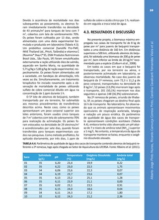 AlbertoJorgePintoNunes,RicardoCamurçaCorreiaPinto,CarolinaCavalcantiFernandesVieiraetal.
59
Devido à ocorrência de mortalidade nos dias
subsequentes ao povoamento, os alevinos fo-
ram imediatamente transferidos na densidade
de 43 animais/m3
para tanques de lona com 7
m3
, cobertos com tela de sombreamento 70%.
Os peixes foram cultivados por 13 dias, sendo
alimentados com uma dieta experimental for-
mulada e produzida em laboratório (Tabela 4.3).
Um probiótico comercial (Sanolife Pro-FMC,
INVE Thailand Ltd., Phicit, Tailândia) e vitamina C
(Rovimix® Stay-C®35, DSM Produtos Nutricionais
Brasil Ltda., São Paulo, SP) foram emulsificados
externamente a ração utilizando óleo de salmão,
aquecido em banho Maria, na quantidade de
5,71 g/kg e 5,00 g/kg de ração experimental, res-
pectivamente. Os peixes foram alimentados até
a saciedade, em bandejas de alimentação, três
vezes ao dia. Simultaneamente, um tratamento
terapêutico foi iniciado novamente após a ob-
servação de mortalidade de peixes utilizando
sulfato de cobre comercial diluído em água na
concentração de 1 ppm durante 1 h.
O 5ª lote de alevinos de beijupirá, também
transportado por via terrestre, foi submetido
aos mesmos procedimentos de transferência
descritos acima. Neste caso, como os peixes
apresentavam um peso corporal superior aos
lotes anteriores, foram usados cinco tanques
de 7 m3
cobertos com tela de sobreamento 70%
para realização da aclimatação. Os peixes fo-
ram estocados na densidade de 29 alevinos/m3
e acondicionados por sete dias, quando foram
transferidos para tanques experimentais usa-
dos nas pesquisas. Como método profilático, foi
aplicado diariamente, por três dias, 1 ppm de
sulfato de cobre e ácido cítrico por 1 h, realizan-
do em seguida a troca total de água.
4.3. RESULTADOS E DISCUSSÃO
No presente projeto, a biomassa máxima em-
pregada nas caixas de transporte foi de 8 kg de
peixe por m3
para juvenis de beijupirá transpor-
tados a uma distância de 160 km. Em distâncias
superiores a 500 km, utilizando alevinos do beiju-
pirá, foi adotada uma biomassa de 200 g de peixe
por m3
, bem inferior ao limite de 20 kg/m3
reco-
mendado para a espécie (Colburn et al., 2008).
Em todos os casos em que o beijupirá foi
transportado, por via terrestre ou aérea, e
posteriormente aclimatado em laboratório, se
observou mortalidade. No caso dos juvenis de
beijupirá da 1ª remessa, com 72,3 ± 11,2 g de
peso corporal, transportados na densidade de
8 kg/m3
, 52 peixes (13,0%) morreram logo após
o transporte, 201 (50,1%) morreram nos dias
seguintes e apenas 148 (36,9%) sobreviveram.
Na 2ª remessa de peixes, oriundo de Ilhabe-
la, SP, os peixes chegaram ao destino final após
16 h de transporte. No laboratório, foi observa-
do que os animais apresentavam movimentos
operculares de respiração acelerada, letargia
e natação um pouco errática. Os parâmetros
de qualidade de água dos sacos de transpor-
te apresentavam condições aceitáveis (Tabela
4.4), embora tenha sido observado um pH abai-
xo de 7 e níveis de amônia total (NH3,4
) superior
a 1 mg/L. No entanto, a temperatura da água de
transporte manteve-se baixa, enquanto o oxigê-
nio dissolvido elevado.
TABELA4.4.Parâmetrosdequalidadedeáguadossacosdetransportecontendoalevinosdebeijupiráre-
ferente a 2ª remessa, logo após chegada ao Setor de Aquicultura da UFERSA. Fonte: Ribeiro et al. (2011).
Saco
Salinidade
(g/L)
pH
Temperatura
(o
C)
Oxigênio Dissolvido
(mg/L)
Amônia total
(mg/L)
01 35 6,20 23,4 19,9 0,22
02 35 6,22 23,0 22,5 1,75
03 34 6,06 23,6 22,3 0,07
04 34 6,19 23,7 23,6 0,07
05 35 6,13 23,2 25,1 1,28
06 35 6,11 23,9 21,1 0,00
07 35 6,02 23,1 23,5 0,91
08 35 6,15 24,0 18,6 0,04
09 34 6,11 24,3 17,2 1,80
10 32 6,12 24,3 21,2 2,36
 