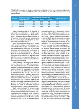 AlbertoJorgePintoNunes,RicardoCamurçaCorreiaPinto,CarolinaCavalcantiFernandesVieiraetal.
61
TABELA 4.3. Resultados de sobrevivência de alevinos beijupirá e homogeneidade após 21 dias de
aclimatação em berçários com 23 m3
e volume útil de 17,5 m3
. Os animais foram povoados com 3,6 g
de peso médio.
Berçário
Total de peixes por
tanque (pxs./m3
)
Distribuição de Tamanho (%)
Sobrevivência (%)
Pequeno Médio Grande
1 770 (44) 41,9 56,0 2,2 35,97
2 660 (38) 15,9 78,9 5,2 38,03
3 660 (38) 36,3 58,0 5,7 32,12
Na 4ª remessa de alevinos de beijupirá, foi
observada uma mortalidade de 13,3% nos pri-
meiros dois dias de aclimatação. Ao final de 13
dias, a sobrevivência final alcançou 34,1%. Na
5ª e última remessa de peixes, dado ao curto
tempo de aclimatação (sete dias) não foi obser-
vada mortalidade dos animais.
Entre os fatores que podem ter ocasio-
nado altos índices de mortalidade durante a
aclimatação estão: a ração empregada; a falta
de procedimentos adequados de profilaxia,
incluindo uma desinfecção insuficiente ou
inexistente da água de cultivo; o regime de
troca de água e os parâmetros de qualidade,
incluindo os microbiológicos; a pouca prote-
ção dos animais contra a radiação solar, e; o
peso corporal dos alevinos na chegada e sua
resistência imunológica.
Neste trabalho, a ração comercial aparente-
mente não atendeu as exigências nutricionais
dos alevinos do beijupirá. Análises do perfil nu-
tricional da ração demonstraram que a mesma
continha 45,82% de proteína bruta (% da die-
ta na base natural), 5,83% de extrato etéreo,
9,76% de cinzas, fibra total de 1,43% e 11,47%
de umidade. Embora a exigência por proteína
digestível do beijupirá seja de 38% (% da dieta
na base seca; NRC, 2011) e entre 5,8% e 12% de
lipídeos (Chou, 2001; Craig et al., 2006), se des-
conhece as fontes de proteína e lipídeos empre-
gadas na composição da ração comercial, como
também seu perfil de nutrientes essenciais,
como aminoácidos e ácidos graxos essenciais.
Dado a vulnerabilidade do beijupirá, espe-
cialmente na fase jovem, a ação de parasitas,
os procedimentos de profilaxia utilizados com a
maioria dos lotes de alevinos não se mostraram
eficientes. O uso de antibiótico, em combinação
com concentrações elevadas de ácido ascórbi-
co, incorporados à ração não tiveram nenhum
resultado positivo para a sanidade dos animais.
Por outro lado, os banhos com sulfato de co-
bre e ácido cítrico se mostraram indispensáveis
para conter a ação de ectoparasitas nos peixes.
A desinfecção da água de cultivo, seja por meios
químicos ou físicos, também se mostrou impor-
tante, em especial para águas captadas de es-
tuários, por esta apresentar potencial de carre-
gar uma grande concentração de patógenos.
Para as etapas iniciais de desenvolvimento
do beijupirá, a espécie deve ser mantida em
tanques de cultivo com regime de recirculação
de água constante, em sistema fechado ou se-
mi-aberto. Isto porque, neste trabalho, foi ob-
servado que fortes e frequentes trocas de água,
em regime aberto, possui potencial de introdu-
ção de patógenos no sistema de cultivo, estres-
sando os animais. A declividade do fundo dos
tanques, para facilitar a concentração e remo-
ção de matéria orgânica acumulada, também
deve ser considerada como medida para evitar
uma deterioração dos parâmetros de qualidade
de água e potencial fonte de doenças e estresse
para os animais. O sombreamento dos tanques
também representou uma ferramenta impor-
tante para evitar uma excessiva exposição dos
alevinos a radiação solar e a temperatura.
No presente trabalho, alevinos de beijupi-
rá com peso inferior a 5 g mostraram-se muito
susceptíveis ao transporte, manejo, alterações
ambientais e ação de patógenos. Animais desta
gramatura não devem ser obtidos para expe-
rimentos voltados a engorda devido aos riscos
associados com a perda de animais. Os peixes
em torno de 10 g apresentaram uma maior re-
sistência e alcançaram níveis de mortalidade
praticamente nulos. O jejum alimentar prolon-
gado (superior a 24 h), antecedendo o transpor-
te, debilitou excessivamente os alevinos e pode
ter sido um fator que agravou as mortalidades
 