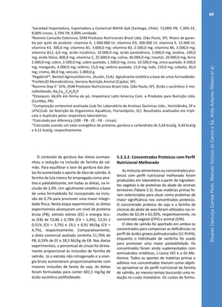 RicardoCamurçaCorreiaPinto,MarceloViníciusdoCarmoeSá,AnitaAntunesRibeiroetal.
67
5
Sociedad Importadora, Exportadora y Comercial BAHIA SpA (Santiago, Chile). 73,00% PB; 7,30% EE;
8,00% cinzas; 2,70% FB; 9,00% umidade.
6
Rovimix Camarão Extensivo, DSM Produtos Nutricionais Brasil Ltda. (São Paulo, SP). Níveis de garan-
tia por quilo de produto: vitamina A, 1.000.000 UI; vitamina D3, 300.000 UI; vitamina E, 15.000 UI;
vitamina K3, 300,0 mg; vitamina B1, 3.000,0 mg; vitamina B2, 2.500,0 mg; vitamina B6, 3.500,0 mg;
vitamina B12, 6,0 mg; ácido nicotínico, 10.000,0 mg; ácido pantotênico, 5.000,0 mg; biotina, 100,0
mg; ácido fólico, 800,0 mg; vitamina C, 25.000,0 mg; colina, 40.000,0 mg; inositol, 20.000,0 mg; ferro
2.000,0 mg; cobre, 3.500,0 mg; cobre quelado, 1.500,0 mg; zinco, 10.500,0 mg; zinco quelado, 4.500,0
mg; manganês, 4.000,0 mg; selênio, 15,0 mg; selênio quelado, 15,0 mg; iodo, 150,0 mg; cobalto, 30,0
mg; cromo, 80,0 mg; veículo, 1.000,0 g.
7
Pegabind™, Bentoli Agrinutrition Inc. (Austin, EUA). Aglutinante sintético a base de ureia formaldeído.
8
Fosfato20 Monobicálcico, Serrana Nutrição Animal (Cajataí, SP).
9
Rovimix Stay-C®
35%, DSM Produtos Nutricionais Brasil Ltda. (São Paulo, SP). Ácido L-ascórbico-2-mo-
nofosfatado, Na2
Ca0,5
C6
H6
O9
P.
10
Etoxiquin, 66,6% em forma de pó, Impextraco Latin America Com. e Produtos para Nutrição Ltda.
(Curitiba, PR).
11
Composição centesimal analisada (Lab Tec Laboratório de Analises Químicas Ltda., Hortolândia, SP e
UFSC/Lab. de Nutrição de Organismos Aquáticos, Florianópolis, SC). Resultados analisados em tripli-
cata e duplicata pelos respectivos laboratórios.
12
Calculado por diferença (100 - PB - EE - FB - cinzas).
13
Calculado usando um valor energético de proteína, gordura e carboidrato de 5,64 kcal/g, 9,44 kcal/g
e 4,11 kcal/g, respectivamente.
O conteúdo de gordura das dietas acompa-
nhou a redução na inclusão de farinha de sal-
mão. Para equilibrar o teor de gordura das die-
tas foi aumentado o aporte de óleo de salmão. A
farinha de lula inteira foi empregada como atra-
tivo e palatabilizante, em todas as dietas, na in-
clusão de 2,0%. Um aglutinante sintético a base
de ureia formaldeído foi incorporado na inclu-
são de 0,7% para promover uma maior integri-
dade física. Nesta etapa experimental, as dietas
experimentais alcançaram um nível de proteína
bruta (PB), extrato etéreo (EE) e energia bru-
ta (EB) de 53,86 ± 0,78% (CV = 1,4%), 13,55 ±
0,51% (CV = 3,7%) e 19,1 ± 0,91 MJ/kg (CV =
4,7%), respectivamente. Comparativamente,
a dieta comercial avaliada continha 51,76% de
PB, 6,59% de EE e 18,5 MJ/kg de EB. Nas dietas
experimentais, o percentual de cinzas foi direta-
mente proporcional às inclusões de farinha de
salmão. Já o extrato não nitrogenado e a ener-
gia bruta aumentaram proporcionalmente com
maiores inclusões de farelo de soja. As dietas
foram formuladas para conter 601,5 mg/kg de
ácido ascórbico polifosfatado.
5.2.3.2. Concentrados Proteicos com Perfil
Nutricional Melhorado
As misturas alimentares ou concentrados pro-
teicos com perfil nutricional melhorado foram
produzidos em laboratório a partir de ingredien-
tes vegetais e de proteínas do abate de animais
terrestres (Tabela 5.3). Duas matérias primas fo-
ram selecionadas para atuar como proteínas de
maior significância nos concentrados proteicos.
O concentrado proteico de soja e a farinha de
vísceras do abate de aves foram utilizados nas in-
clusões de 62,44 e 61,92%, respectivamente, no
concentrado vegetal (CPV) e animal (CPA).
O óleo de salmão foi aportado em ambos os
concentrados para compensar as deficiências no
perfil de ácidos graxos polinsaturados (LC-PUFA),
enquanto o hidrolisado de sardinha foi usado
para promover uma maior palatabilidade. Os
concentrados foram ainda suplementados com
aminoácidos sintéticos, L-Lisina HCl e a DL-Me-
tionina. Todos os aportes de matérias primas e
aditivos nos concentrados tiveram como objeti-
vo aproximar-se do perfil nutricional da farinha
de salmão, ao mesmo tempo buscando uma re-
dução no custo monetário. Os custos de formu-
 