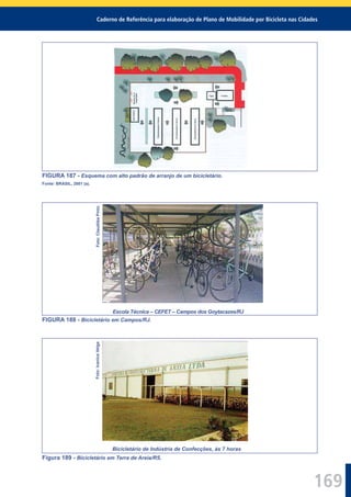 Caderno de Referência para elaboração de Plano de Mobilidade por Bicicleta nas Cidades
169
FIGURA 187 - Esquema com alto padrão de arranjo de um bicicletário.
Fonte: BRASIL, 2001 (a).
Foto:ClaudiléaPinto
Escola Técnica – CEFET – Campos dos Goytacazes/RJ
FIGURA 188 - Bicicletário em Campos/RJ.
Foto:IvaniceVeiga
Bicicletário de Indústria de Confecções, às 7 horas
Figura 189 - Bicicletário em Terra de Areia/RS.
 