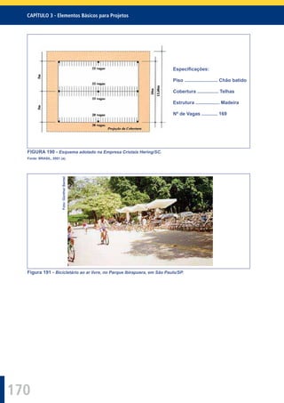 170
CAPÍTULO 3 - Elementos Básicos para Projetos
Especiﬁcações:
Piso ......................... Chão batido
Cobertura ................ Telhas
Estrutura .................. Madeira
Nº de Vagas ............ 169
FIGURA 190 - Esquema adotado na Empresa Cristais Hering/SC.
Fonte: BRASIL, 2001 (a).
Foto:GüntherBantel
Figura 191 - Bicicletário ao ar livre, no Parque Ibirapuera, em São Paulo/SP.
 