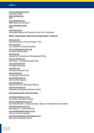 ANEXO 4
230
www.amigosdebike.com.br
Grupo de ciclistas
www.mobilciclo.org
ONG
www.nightbikers.com
Night Bikers Club do Brasil
www.rodasdapaz.org.br
ONG
www.anpet.org.br
Associação Nacional de Pesquisa e Ensino em Transportes
ONG’s, Associações e Movimentos Organizados no Exterior
www.sutp.org/
Sustainable Urban Transport Project - GTZ
www.cycling.nl/
I-ce, Interface for Cycling Expertise
www.mobilityweek-europe.org/
European Mobility Week
www.itdp.org/
Institute for Transportation & Development Policy
www.movilization.org
Movilization – Towards Acessible Cities
www.velomondial.net
Fundação Holandesa
www.ibike.org
International Bicycle Fund
www.transalt.org
Transportation Alternatives
www.worldcarfree.net
World Carfree Network
www.bikewalk.org
National Center for Bicycling & Walking
www.bicyclinginfo.org
Pedestrian and Bicycle Information Center
Informações gerais sobre bicicletas
www.freeride.blig.ig.com.br/
Vá de Bike! Site sobre bicicletas
www.escoladebicicleta.com.br/
Escola de Bicicleta – coleção de textos, artigos e informações sobre bicicletas
www.bikemagazine.com.br/
Bikemagazine – revista eletrônica
www.pedalandoeeducando.com.br
Volta ao mundo de bicicleta
www.apocalipsemotorizado.blogspot.com/
Blog sobre mobilidade urbana
 