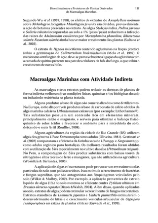 131Bioestimulantes e Protetores de Plantas Derivados
de Macroalgas Marinhas
Segundo Wu et al. (1997; 1998), os efeitos de extratos de Ascophyllum nodosum
sobre Meloidogyne incognita e Meloidogyne javanica são devidos, provavelmente,
à ação de betaínas presentes no extrato. As algas Stokeyia indica, Padina pavonia
e Solieria robusta incorporadas ao solo a 1% (peso/peso) reduziram a infecção
das raízes de Abelmoschus esculentus por Macrophomina phaseolina, Rhizoctonia
solani e Fusarium solani e ainda houve maior crescimento das plantas (Sultana et
al., 2005).
O extrato de Hypnea musciformis contendo aglutininas na fração protéica
inibiu a germinação de Colletotrichum lindemuthianum (Melo et al., 1997). O
mecanismo antifúngico de ação deve-se provavelmente à ligação da aglutinina com
a camada de quitina presente nas paredes celulares da hifa do fungo, o que inibiu o
crescimento de novas hifas.
Macroalgas Marinhas com Atividade Indireta
As macroalgas e seus extratos podem reduzir as doenças de plantas de
forma indireta melhorando as condições físicas, químicas e/ou biológicas do solo
ou induzindo resistência na planta tratada.
Alguns produtos a base de algas são comercializados como fertilizantes.
Na Europa, estão disponíveis produtos à base de carbonato de cálcio obtidos da
alga marinha calcárea Lithothamnium calcareum (por exemplo: Lithothamne®).
Tais substâncias possuem um conteúdo rico em elementos minerais,
principalmente cálcio e magnésio, e servem para otimizar o balanço físico-
químico de solos ácidos e favorecer o ambiente para a microbiota do solo,
deixando-o mais fértil (Roullier, 2008).
Alguns agricultores da região da cidade de Rio Grande (RS) utilizam
algas dos gêneros Ulva e Enteromorpha como adubo (Oliveira, 1981). Gestinari et
al. (2002) compararam a eficiência da farinha seca de Ulva spp. e Sargassum spp.
como adubo orgânico para hortaliças. Os melhores resultados foram obtidos
com a utilização de Ulva especialmente no cultivo da salsa (Petroselinum crispum).
No Peru, a compostagem de Ulva produz substâncias com baixos teores de
nitrogênio e altos teores de ferro e manganês, que são utilizadas na agricultura
(Wosnitza & Barrantes, 2005).
A aplicação de algas e/ou extratos pode provocar um revestimento das
partículas do solo com polissacarídeos. Isso estimula o crescimento de bactérias
e fungos saprófitas, que são antagonistas aos fitopatógenos veiculados pelo
solo (Wilkie & Mulbry, 2002). Por exemplo, a aplicação preventiva de extrato
líquido de algas (1%) no solo mostrou-se eficiente contra Pythium ultimum em
Brassica oleracea capitata (Dixon &Walsh, 2004). Além disso, quando aplicados
ao solo, extratos de algas podem estimular o crescimento de fungos micorrízicos.
Extratos etanólicos de Laminaria japonica e Undaria pinnatifida estimularam o
desenvolvimento de hifas e o crescimento vesicular-arbuscular de Gigaspora
ramisporophora em raízes de plantas cítricas (Kuwada et al., 1999).
 