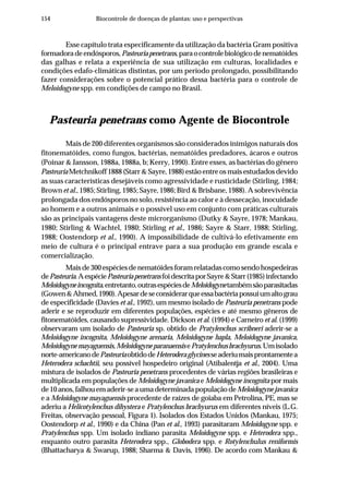 154 Biocontrole de doenças de plantas: uso e perspectivas
Esse capítulo trata especificamente da utilização da bactéria Gram positiva
formadoradeendósporos,Pasteuriapenetrans,paraocontrolebiológicodenematóides
das galhas e relata a experiência de sua utilização em culturas, localidades e
condições edafo-climáticas distintas, por um período prolongado, possibilitando
fazer considerações sobre o potencial prático dessa bactéria para o controle de
Meloidogyne spp. em condições de campo no Brasil.
Pasteuria penetrans como Agente de Biocontrole
Mais de 200 diferentes organismos são considerados inimigos naturais dos
fitonematóides, como fungos, bactérias, nematóides predadores, ácaros e outros
(Poinar & Jansson, 1988a, 1988a, b; Kerry, 1990). Entre esses, as bactérias do gênero
PasteuriaMetchnikoff1888(Starr&Sayre,1988)estãoentreosmaisestudadosdevido
as suas características desejáveis como agressividade e rusticidade (Stirling, 1984;
Brown et al., 1985; Stirling, 1985; Sayre, 1986; Bird & Brisbane, 1988). A sobrevivência
prolongada dos endósporos no solo, resistência ao calor e à dessecação, inocuidade
ao homem e a outros animais e o possível uso em conjunto com práticas culturais
são as principais vantagens deste microrganismo (Dutky & Sayre, 1978; Mankau,
1980; Stirling & Wachtel, 1980; Stirling et al., 1986; Sayre & Starr, 1988; Stirling,
1988; Oostendorp et al., 1990). A impossibilidade de cultivá-lo efetivamente em
meio de cultura é o principal entrave para a sua produção em grande escala e
comercialização.
Maisde300espéciesdenematóidesforamrelatadascomosendohospedeiras
dePasteuria.AespéciePasteuriapenetransfoidescritaporSayre&Starr(1985)infectando
Meloidogyneincognita,entretanto,outrasespéciesdeMeloidogynetambémsãoparasitadas
(Gowen&Ahmed,1990).Apesardeseconsiderarqueessabactériapossuiumaltograu
de especificidade (Davies et al., 1992), um mesmo isolado de Pasteuria penetrans pode
aderir e se reproduzir em diferentes populações, espécies e até mesmo gêneros de
fitonematóides, causando supressividade. Dickson et al. (1994) e Carneiro et al. (1999)
observaram um isolado de Pasteuria sp. obtido de Pratylenchus scribneri aderir-se a
Meloidogyne incognita, Meloidogyne arenaria, Meloidogyne hapla, Meloidogyne javanica,
Meloidogynemayaguensis,MeloidogyneparanaensisePratylenchusbrachyurus.Umisolado
norte-americanodePasteuriaobtidodeHeteroderaglycinesseaderiumaisprontamentea
Heterodera schachtii, seu possível hospedeiro original (Atibalentja et al., 2004). Uma
mistura de isolados de Pasteuria penetrans procedentes de várias regiões brasileiras e
multiplicada em populações de Meloidogyne javanica e Meloidogyne incognita por mais
de10anos,falhouemaderir-seaumadeterminadapopulaçãodeMeloidogynejavanica
e a Meloidogyne mayaguensis procedente de raízes de goiaba em Petrolina, PE, mas se
aderiu a Helicotylenchus dihystera e Pratylenchus brachyurus em diferentes níveis (L.G.
Freitas, observação pessoal, Figura 1). Isolados dos Estados Unidos (Mankau, 1975;
Oostendorp et al., 1990) e da China (Pan et al., 1993) parasitaram Meloidogyne spp. e
Pratylenchus spp. Um isolado indiano parasita Meloidogyne spp. e Heterodera spp.,
enquanto outro parasita Heterodera spp., Globodera spp. e Rotylenchulus reniformis
(Bhattacharya & Swarup, 1988; Sharma & Davis, 1996). De acordo com Mankau &
 
