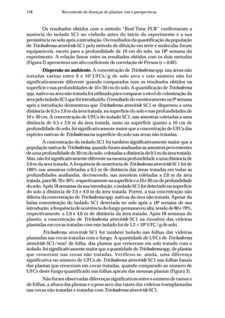 178 Biocontrole de doenças de plantas: uso e perspectivas
Os resultados obtidos com o método “Real-Time PCR” confirmaram a
ausência do isolado SC1 no vinhedo antes do início do experimento e a sua
persistência no solo após a introdução. Os resultados da quantificação da população
de Trichoderma atroviride SC1 pelo método de diluição em série e molecular foram
equiparáveis, exceto para a profundidade de 10 cm do solo, na 18ª semana do
experimento. A relação linear entre os resultados obtidos com os dois métodos
(Figura 2) apresentou um alto coeficiente de correlação de Person (r = 0,82).
Dispersão no ambiente. A concentração de Trichoderma spp. nas áreas não
tratadas variou entre 0 e 103
UFCs/g de solo seco e este número não foi
significativamente diferente quando comparados com os resultados obtidos na
superfície e nas profundidades de 10 e 30 cm do solo. A quantificação de Trichoderma
spp. nativo na área não tratada foi utilizada para comparar o nível de colonização da
áreapeloisoladoSC1quefoiintroduzido.Oresultadodomonitoramentona9ªsemana
após a introdução demonstrou que Trichoderma atroviride SC1 se dispersou a uma
distância de 0,5 e 2,0 m da área tratada, na superfície do solo e nas profundidades de
10 e 30 cm. A concentração de UFCs do isolado SC1, nas amostras coletadas a uma
distância de 0,5 e 2,0 m da área tratada, tanto na superfície quanto a 10 cm de
profundidade do solo, foi significativamente maior que a concentração de UFCs das
espécies nativas de Trichoderma na superfície do solo nas áreas não tratadas.
A concentração do isolado SC1 foi também significativamente maior que a
população nativa deTrichoderma, quando foram analisadas as amostras provenientes
deumaprofundidadede30cmdosolo,coletadasadistânciade0,5mdaáreatratada.
Mas,nãofoisignificativamentediferentenamesmaprofundidadeaumadistânciade
2,0 m da área tratada. A frequência de ocorrência deTrichoderma atroviride SC1 foi de
100% nas amostras coletadas a 0,5 m de distância das áreas tratadas em todas as
profundidades analisadas, decrescendo, nas amostras coletadas a 2,0 m da área
tratada,para90,70e30%,respectivamentenasuperfícieea10e30cmdeprofundidade
dosolo.Após18semanasdasuaintrodução,oisoladoSC1foidetectadonasuperfície
do solo à distância de 2,0 e 4,0 m da área tratada. Porém, a sua concentração não
diferiu da concentração de Trichoderma spp. nativas da área não tratada. Apesar da
baixa concentração do isolado SC1 detectada no solo após a 18ª semana de sua
introdução, a frequência de ocorrência do fungo permaneceu alta, sendo de 80 e 70%,
respectivamente, a 2,0 e 4,0 m de distância da área tratada. Após 18 semanas do
plantio, a concentração de Trichoderma atroviride SC1 na rizosfera das videiras
plantadas em covas tratadas com este isolado foi de 1,2 × 106
UFC/g de solo.
Trichoderma atroviride SC1 foi também isolado nas folhas das videiras
plantadas nas covas tratadas com o fungo. A quantidade de UFCs de Trichoderma
atroviride SC1/mm2
de folha, das plantas que cresceram em solo tratado com o
isolado,foisignificativamentemaiorqueaquantidadedeTrichodermaspp.deplantas
que cresceram nas covas não tratadas. Verificou-se, ainda, uma diferença
significativa no número de UFCs de Trichoderma atroviride SC1 nas folhas basais
das plantas que cresceram em covas tratadas, quando comparado ao número de
UFCs deste fungo quantificado nas folhas apicais das mesmas plantas (Figura 3).
Não foram observadas diferenças significativas entre o número de ramos e
de folhas, a altura das plantas e o peso seco das raízes das videiras transplantadas
nas covas não tratadas e tratadas com Trichoderma atroviride SC1.
 