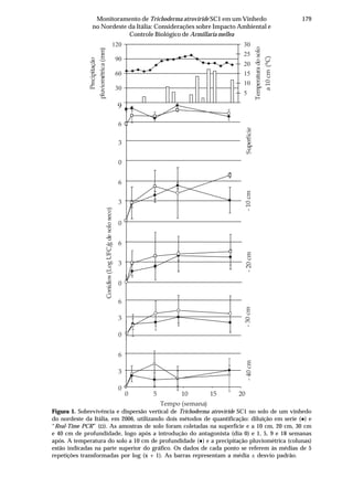 179Monitoramento de Trichoderma atroviride SC1 em um Vinhedo
no Nordeste da Itália: Considerações sobre Impacto Ambiental e
Controle Biológico de Armillaria mellea
Figura 1. Sobrevivência e dispersão vertical de Trichoderma atroviride SC1 no solo de um vinhedo
do nordeste da Itália, em 2006, utilizando dois métodos de quantificação: diluição em serie ( ) e
“Real-Time PCR” ( ). As amostras de solo foram coletadas na superfície e a 10 cm, 20 cm, 30 cm
e 40 cm de profundidade, logo após a introdução do antagonista (dia 0) e 1, 5, 9 e 18 semanas
após. A temperatura do solo a 10 cm de profundidade ( ) e a precipitação pluviométrica (colunas)
estão indicadas na parte superior do gráfico. Os dados de cada ponto se referem às médias de 5
repetições transformadas por log (x + 1). As barras representam a média ± desvio padrão.
3
6
9
0
3
6
0
3
6
0
3
6
0 5 10 15 20
30
60
90
120
5
10
15
20
25
30
Temperaturadosolo
a10cm(°C)
Precipitação
pluviométrica(mm)
0
3
6
0
Superfície-10cm-20cm-30cm-40cm
Conídios(LogUFC/gdesoloseco)
Tempo (semana)
 