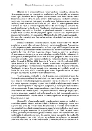 18 Biocontrole de doenças de plantas: uso e perspectivas
Há mais de 45 anos essa técnica é empregada no controle da tristeza dos
citros, doença causada por um closterovírus limitado ao floema. A forma severa do
vírus é capaz de infectar muitas espécies e variedades de citros. Pode causar a morte
das combinações de citros em porta-enxerto de laranja azeda e induzem sintomas
conhecidos pelo nome de caneluras e a produção de frutos pequenos em outras
combinações de citros mais utilizadas no país. Além do uso de porta-enxertos
tolerantes ao vírus, a técnica da premunização foi essencial para controle das
manifestações severas da doença. Atualmente, praticamente todas as plantas de
laranja Pêra cultivadas no Brasil são originadas de material premunizado com
estirpes fracas do vírus. A multiplicação do agente é realizada pela perpetuação de
plantas matrizes e lotes premunizados (Müller & Costa, 1991). A premunização é
feita antes da comercialização das mudas de citros, não existindo custos adicionais
para o citricultor.
Processo semelhante é feito no caso dos vírus do mosaico PRSV-W e ZYMV
que atacam as abobrinhas, algumas abóboras e outras cucurbitáceas. As perdas na
produção por estirpes fortes desses vírus podem chegar a 100%, especialmente nos
casos em que as plantas são infectadas no início de seu desenvolvimento e o controle
químico do vetor é ineficaz. Algumas estirpes fracas são estáveis e protegem
eficientemente as plantas quando premunizadas no estádio de folha cotiledonar. A
produção das plantas premunizadas é bem maior do que plantas infectadas com o
complexo normal do vírus e com qualidade das frutas semelhante à das plantas
sadias (Rezende & Müller, 1995; Rezende & Pacheco, 1998; Rezende et al., 1999;
Dias & Rezende, 2000; Rabelo, 2002). Uma vez plantadas mudas premunizadas, a
culturaestáprotegidacontraomosaicodurantetodooseuciclodedesenvolvimento.
Atualmente, por meio de uma parceria entre empresa e universidade, as estirpes
fracas do vírus estão sendo estudadas para serem disponibilizadas para que
protejam a cultura das duas viroses simultaneamente.
Técnicas para a produção in vivo de nematóides entomopatogênicos das
famílias Steinernematidae e Heterorhabditidae foram desenvolvidas para alguns
casos no país, contudo em programas pequenos e de uso localizado. O cultivo in
vivo possui algumas vantagens, como a simplicidade e o baixo custo da matéria
prima e dos equipamentos empregados. Na prática, o maior gasto nesse sistema
está na manutenção de grandes populações do hospedeiro, especialmente para os
casos onde se utilizam dietas para a criação em laboratório. Nesse tipo de produção,
em geral são usadas larvas de outros hospedeiros de fácil manutenção, como a
traça Galleria mellonella, um dos insetos mais empregados no mundo para criação
de nematóides in vivo.
O gorgulho (Conotrachelus psidii), uma importante praga em goiabeira, é
estudado com mais atenção no Estado do Rio de Janeiro. Essa praga possui uma
etapa de seu ciclo de vida no solo, favorecendo o controle por nematóides
entomopatogênicos. Em testes preliminares, alguns heterorabditídeos mostraram-
se promissores para o controle da praga (Dolinski et al., 2006). A partir desses
estudos, pequenos produtores de goiaba no Rio de Janeiro passaram a utilizar uma
combinação de diferentes métodos de controle contra o gorgulho-da-goiaba. Os
nematóides produzidos pelos próprios agricultores são aplicados na forma de
cadáveres infectados. Os produtores também fazem controle cultural retirando os
 