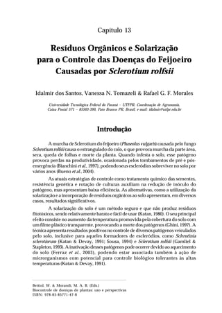 209Resíduos Orgânicos e Solarização para o Controle das Doenças
do Feijoeiro Causadas por Sclerotium rolfsii
Capítulo 13
Resíduos Orgânicos e Solarização
para o Controle das Doenças do Feijoeiro
Causadas por Sclerotium rolfsii
Idalmir dos Santos, Vanessa N. Tomazeli & Rafael G. F. Morales
Universidade Tecnológica Federal do Paraná – UTFPR, Coordenação de Agronomia,
Caixa Postal 571 – 85503-390, Pato Branco PR, Brasil, e-mail: idalmir@utfpr.edu.br
Introdução
A murcha de Sclerotium do feijoeiro (Phaseolus vulgaris) causada pelo fungo
Sclerotium rolfsii causa o estrangulado do colo, o que provoca murcha da parte área,
seca, queda de folhas e morte da planta. Quando infesta o solo, esse patógeno
provoca perdas na produtividade, ocasionada pelos tombamentos de pré e pós-
emergência (Bianchini et al., 1997), podendo seus escleródios sobreviver no solo por
vários anos (Bueno et al., 2004).
As atuais estratégias de controle como tratamento químico das sementes,
resistência genética e rotação de culturas auxiliam na redução de inóculo do
patógeno, mas apresentam baixa eficiência. As alternativas, como a utilização da
solarização e a incorporação de resíduos orgânicos ao solo apresentam, em diversos
casos, resultados significativos.
A solarização do solo é um método seguro e que não produz resíduos
fitotóxicos, sendo relativamente barato e fácil de usar (Katan, 1980). O seu principal
efeito consiste no aumento da temperatura promovida pela cobertura do solo com
um filme plástico transparente, provocando a morte dos patógenos (Ghini, 1997). A
técnica apresenta resultados positivos no controle de diversos patógenos veiculados
pelo solo, inclusive para aqueles formadores de escleródios, como Sclerotinia
sclerotiorum (Katan & Devay, 1991; Sousa, 1994) e Sclerotium rolfsii (Gamliel &
Stapleton, 1993). A inativação desses patógenos pode ocorrer devido ao aquecimento
do solo (Ferraz et al., 2003), podendo estar associada também à ação de
microrganismos com potencial para controle biológico tolerantes às altas
temperaturas (Katan & Devay, 1991).
Bettiol, W. & Morandi, M. A. B. (Eds.)
Biocontrole de doenças de plantas: uso e perspectivas
ISBN: 978-85-85771-47-8
 