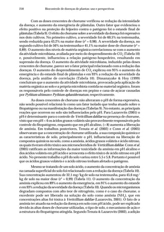 218 Biocontrole de doenças de plantas: uso e perspectivas
Com as doses crescentes de chorume verificou-se redução da intensidade
da doença, e aumento da emergência de plântulas. Outro fator que evidenciou o
efeito positivo na proteção do feijoeiro contra o patógeno foi o estande final de
plântulas(Tabela9).Oefeitodochorumesobreaseveridadedadoençafoiexpressivo
nos dois cultivos. No primeiro cultivo, a severidade foi de 60,5% na testemunha,
sendo reduzida para 43,2% na maior dose (r2
= 0,98). A severidade da doença, no
segundo cultivo foi de 56% na testemunha e 41,1% na maior dose de chorume (r2
=
0,89). O aumento dos níveis de matéria orgânica correlacionou-se com o aumento
da atividade microbiana, avaliada por meio do desprendimento de CO2
(Tabela 10)
e, possivelmente, influenciou a relação patógeno-hospedeiro, resultando em
supressão da doença. O aumento da atividade microbiana, induzido pelas doses
crescentes de chorume, parece ser o fator principal relacionado com a redução das
doenças. O aumento do desprendimento de CO2
explicou em 95% o aumento da
emergência e do estande final de plântulas e em 93% a redução da severidade da
doença, pela análise de correlação (Tabela 10). Dissanayake & Hoy (1999)
concluíram que o aumento da atividade microbiana, provocada pela aplicação de
matéria orgânica ao solo e a própria microbiota contida no material orgânico, foram
os responsáveis pelo controle de doenças em pepino e cana-de-açúcar causadas
por Pythium ultimum e Pythium aphanidermatum, respectivamente.
As doses crescentes de chorume não alteraram o pH de forma expressiva,
não sendo possível relacioná-lo como um fator isolado que tenha atuado sobre o
fitopatógeno ou na manifestação das doenças (Tabelas 9). No entanto, as principais
reações que ocorrem no solo são influenciados pelo pH. Para Lazarovits (2001) o
pH é determinante para o controle de Verticillium dahliae na presença de chorume,
visto que em pH < 6 os ácidos graxos voláteis são provavelmente responsáveis pelo
controle do fitopatógeno, enquanto que em pH alcalino, (> 8) aumenta a liberação
de amônia. Em trabalhos posteriores, Tenuta et al. (2002) e Conn et al. (2005)
observaram que a concentração de chorume utilizada, a sua composição química e
as características de solo, principalmente o pH, influenciaram na liberação de
compostos químicos no solo, como a amônia, ácidos graxos voláteis e ácido nitroso,
os quais tiveram efeito tóxico aos microescleródios de Verticillium dahliae. Conn et al.
(2005) ratificam as informações da maior toxicidade da amônia em pH alcalino e
dos ácidos voláteis em pH ácido e acrescenta o efeito tóxico de ácido nitroso em pH
ácido. No presente trabalho o pH do solo variou entre 5,5 e 5,8. Portanto é possível
que os ácidos graxos voláteis e o ácido nitroso tenham afetado o patógeno.
Mesmo se tratando de um solo ácido, o aumento da concentração de amônia
na camada superficial do solo foi relacionado com a redução da doença (Tabela 10).
Sua concentração aumentou de 32,1 mg/kg de solo na testemunha, para 45,6 mg/
kg de solo na maior dose (r2
= 0,99) (Tabela 11). O aumento da concentração da
amônia explicou em 89% o aumento da emergência, em 91% o aumento do estande
eem93%areduçãodaseveridadedadoença(Tabela10).Quandoosmicrorganismos
degradam compostos com alto teor de nitrogênio, como é o caso do chorume, o
excedente pode ser liberado na solução do solo como amônia (NH3
), que em
concentrações altas foi tóxica à Verticillium dahliae (Lazarovits, 2001). O fato de a
amônia ter atuado na redução da doença em solo com pH ácido, pode ser explicado
devido às altas doses de chorume utilizadas, o tipo de solo, o mecanismo de ação e
a estrutura do fitopatógeno atingida. Segundo Tenuta & Lazarovits (2002), a adição
 