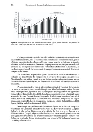 246 Biocontrole de doenças de plantas: uso e perspectivas
Figura 1. Produção de cacau em amêndoas (sacas de 60 kg) no estado da Bahia, no período de
1958/59 a 2006/2007 (Adaptado de COMCAUBA, 2007).
Como primeiras formas de controle da doença preconizaram-se a utilização
da poda fitossanitária, que se mostrou muito onerosa e o controle químico, pouco
eficiente na proteção das plantas, além de causar grande prejuízo ao ambiente.
Métodos isolados de controle da doença empregando o controle químico, cultural,
genético ou biológico não ofereceram resultados satisfatórios. Atualmente, as
medidas para o controle da vassoura-de-bruxa preconizam a necessidade do manejo
integrado da doença.
Em vista disso, as pesquisas para a obtenção de variedades resistentes, a
indução de resistência do hospedeiro e a busca de fungos antagônicos a
Moniliophthora perniciosa constituem as linhas atuais mais promissoras para o
controle da vassoura-de-bruxa, de forma mais econômica e com menor impacto
ambiental.
Pesquisas pioneiras com a microbiota associada à vassoura-de-bruxa do
cacaueiro mostraram que o controle biológico de Moniliophthora perniciosa, durante
a sua fase saprofítica, é possível pela exploração de microrganismos antagônicos e
competidores(Bravo&Hedger,1988).ResultadospromissorescomofungoHypocrea
stromatica Bezerra, Costa & Bastos (anamorfo: Trichoderma stromaticum Samuels &
Pardo-Schulth.), antagônico a Moniliophthora perniciosa, originário da região
amazônica, foram obtidos em pesquisas de campo, no estado do Pará (Bastos, 1988;
Bastos, 2000) e na Bahia (Costa et al., 1998).
Neste capítulo, pretende-se apresentar alguns aspectos das pesquisas
realizadas na Comissão Executiva do Plano da Lavoura Cacaueira (Ceplac-
Bahia), órgão subordinado ao Ministério da Agricultura, Pecuária e
Abastecimento (Mapa), objetivando desenvolver uma tecnologia de controle
biológico para a vassoura-de-bruxa do cacaueiro em condições de campo, com
ênfase na produção de um biofungicida com o fungo Trichoderma stromaticum
como ingrediente ativo.
 