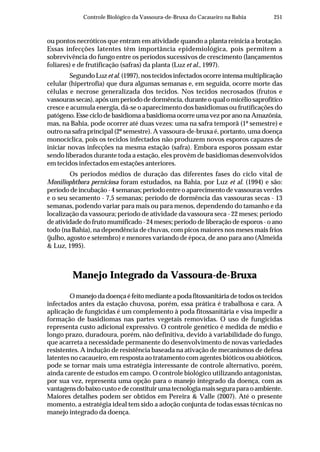 251Controle Biológico da Vassoura-de-Bruxa do Cacaueiro na Bahia
ou pontos necróticos que entram em atividade quando a planta reinicia a brotação.
Essas infecções latentes têm importância epidemiológica, pois permitem a
sobrevivência do fungo entre os períodos sucessivos de crescimento (lançamentos
foliares) e de frutificação (safras) da planta (Luz et al., 1997).
Segundo Luzet al. (1997), nos tecidos infectados ocorre intensa multiplicação
celular (hipertrofia) que dura algumas semanas e, em seguida, ocorre morte das
células e necrose generalizada dos tecidos. Nos tecidos necrosados (frutos e
vassourassecas),apósumperíododedormência,duranteoqualomicéliosaprofítico
cresce e acumula energia, dá-se o aparecimento dos basidiomas ou frutificações do
patógeno.EsseciclodebasidiomaabasidiomaocorreumavezporanonaAmazônia,
mas, na Bahia, pode ocorrer até duas vezes: uma na safra temporã (1º semestre) e
outro na safra principal (2º semestre). A vassoura-de-bruxa é, portanto, uma doença
monocíclica, pois os tecidos infectados não produzem novos esporos capazes de
iniciar novas infecções na mesma estação (safra). Embora esporos possam estar
sendo liberados durante toda a estação, eles provêm de basidiomas desenvolvidos
em tecidos infectados em estações anteriores.
Os períodos médios de duração das diferentes fases do ciclo vital de
Moniliophthora perniciosa foram estudados, na Bahia, por Luz et al. (1994) e são:
período de incubação - 4 semanas; período entre o aparecimento de vassouras verdes
e o seu secamento - 7,5 semanas; período de dormência das vassouras secas - 13
semanas, podendo variar para mais ou para menos, dependendo do tamanho e da
localização da vassoura; período de atividade da vassoura seca - 22 meses; período
de atividade do fruto mumificado - 24 meses; período de liberação de esporos - o ano
todo (na Bahia), na dependência de chuvas, com picos maiores nos meses mais frios
(julho, agosto e setembro) e menores variando de época, de ano para ano (Almeida
& Luz, 1995).
Manejo Integrado da Vassoura-de-Bruxa
O manejo da doença é feito mediante a poda fitossanitária de todos os tecidos
infectados antes da estação chuvosa, porém, essa prática é trabalhosa e cara. A
aplicação de fungicidas é um complemento à poda fitossanitária e visa impedir a
formação de basidiomas nas partes vegetais removidas. O uso de fungicidas
representa custo adicional expressivo. O controle genético é medida de médio e
longo prazo, duradoura, porém, não definitiva, devido à variabilidade do fungo,
que acarreta a necessidade permanente do desenvolvimento de novas variedades
resistentes. A indução de resistência baseada na ativação de mecanismos de defesa
latentes no cacaueiro, em resposta ao tratamento com agentes bióticos ou abióticos,
pode se tornar mais uma estratégia interessante de controle alternativo, porém,
ainda carente de estudos em campo. O controle biológico utilizando antagonistas,
por sua vez, representa uma opção para o manejo integrado da doença, com as
vantagensdobaixocustoedeconstituirumatecnologiamaisseguraparaoambiente.
Maiores detalhes podem ser obtidos em Pereira & Valle (2007). Até o presente
momento, a estratégia ideal tem sido a adoção conjunta de todas essas técnicas no
manejo integrado da doença.
 