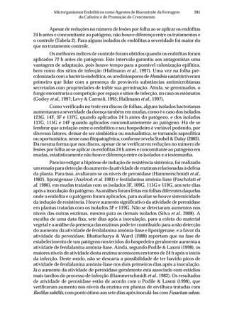 281Microrganismos Endofíticos como Agentes de Biocontrole da Ferrugem
do Cafeeiro e de Promoção de Crescimento
Apesar de reduções no número de lesões por folha ao se aplicar os endófitas
24 h antes e concomitante ao patógeno, não houve diferença entre os tratamentos e
o controle (Tabela 2). Para alguns isolados de endófitas a severidade foi maior do
que no tratamento controle.
Os melhores índices de controle foram obtidos quando os endófitas foram
aplicados 72 h antes do patógeno. Este intervalo garantiu aos antagonistas uma
vantagem de adaptação, pois houve tempo para a possível colonização epifitica,
bem como dos sítios de infecção (Hallmann et al., 1997). Uma vez na folha pré-
colonizada com a bactéria endofítica, os urediniosporos de Hemileia vastatrix tiveram
primeiro que lidar com a presença de prováveis substâncias antimicrobianas
secretadas com propriedades de inibir sua germinação. Ainda, se germinados, o
fungo encontraria a competição por espaço e sítios de infecção, no caso os estômatos
(Godoy et al., 1997; Levy & Carmeli, 1995; Hallmann et al., 1997).
Como verificado no teste em discos de folhas, alguns isolados bacterianos
aumentaram a severidade da doença também em mudas, como é o caso dos isolados
123G, 14F, 3F e 137G, quando aplicados 24 h antes do patógeno, e dos isolados
137G, 115G e 14F quando aplicados concomitantemente ao patógeno. Há de se
lembrar que a relação entre o endofítico e seu hospedeiro é variável podendo, por
diversos fatores, deixar de ser simbiótica ou mutualística, se tornando saprofítica
ou oportunística, nesse caso fitopatogênica, conforme revela Strobel & Daisy (2003).
Da mesma forma que nos discos, apesar de se verificarem reduções no número de
lesões por folha ao se aplicar os endófitas 24 h antes e concomitante ao patógeno em
mudas, estatisticamente não houve diferença entre os isolados e a testemunha.
Para investigar a hipótese de indução de resistência sistêmica, foi realizado
um ensaio para detecção do aumento da atividade de enzimas relacionadas à defesa
da planta. Para isso, avaliaram-se os níveis de peroxidase (Hammerschmidt et al.,
1982), lipoxigenase (Axelrod et al. 1981) e fenilalanina amônia-liase (Pascholati et
al. 1986), em mudas tratadas com os isolados 3F, 109G, 115G e 119G, aos sete dias
apósainoculaçãodopatógeno.Asanálisesforamfeitasemfolhasdiferentesdaquelas
onde o endófita e o patógeno foram aplicados, para avaliar se houve sistemicidade
da indução de resistência. Houve aumento significativo da atividade de peroxidase
em plantas tratadas com os isolados 3F e 119G. Não se detectaram aumentos nos
níveis das outras enzimas, mesmo para os demais isolados (Silva et al., 2008). A
escolha de uma data fixa, sete dias após a inoculação, para a coleta do material
vegetal e a análise da presença das enzimas pode ter contribuído para a não detecção
do aumento da atividade de fenilalanina amônia-liase e lipoxigenase, e a favor da
atividade da peroxidase. Bhattacharya & Ward (1988) reportam que na fase de
estabelecimento de um patógeno nos tecidos do hospedeiro geralmente aumenta a
atividade de fenilalanina amônia-liase. Ainda, segundo Podile & Laxmi (1998), os
maiores níveis de atividade desta enzima acontecem em torno de 24 h após o início
da infecção. Deste modo, não se descarta a possibilidade de ter havido picos de
atividade de fenilalanina amônia-liase nos dois primeiros dias após a inoculação.
Já o aumento da atividade de peroxidase geralmente está associado com estádios
mais tardios do processo de infecção (Hammerschmidt et al., 1982). Os resultados
de atividade de peroxidase estão de acordo com o Podile & Laxmi (1998), que
verificaram aumento nos níveis da enzima em plantas de ervilhaca tratadas com
Bacillus subtilis, com ponto ótimo aos sete dias após inoculá-las com Fusarium udum.
 