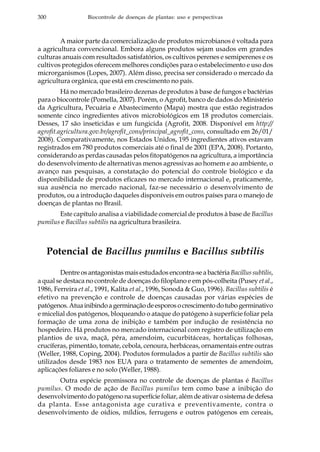 300 Biocontrole de doenças de plantas: uso e perspectivas
A maior parte da comercialização de produtos microbianos é voltada para
a agricultura convencional. Embora alguns produtos sejam usados em grandes
culturas anuais com resultados satisfatórios, os cultivos perenes e semiperenes e os
cultivos protegidos oferecem melhores condições para o estabelecimento e uso dos
microrganismos (Lopes, 2007). Além disso, precisa ser considerado o mercado da
agricultura orgânica, que está em crescimento no país.
Há no mercado brasileiro dezenas de produtos à base de fungos e bactérias
para o biocontrole (Pomella, 2007). Porém, o Agrofit, banco de dados do Ministério
da Agricultura, Pecuária e Abastecimento (Mapa) mostra que estão registrados
somente cinco ingredientes ativos microbiológicos em 18 produtos comerciais.
Desses, 17 são inseticidas e um fungicida (Agrofit, 2008. Disponível em http://
agrofit.agricultura.gov.br/agrofit_cons/principal_agrofit_cons, consultado em 26/01/
2008). Comparativamente, nos Estados Unidos, 195 ingredientes ativos estavam
registrados em 780 produtos comerciais até o final de 2001 (EPA, 2008). Portanto,
considerando as perdas causadas pelos fitopatógenos na agricultura, a importância
do desenvolvimento de alternativas menos agressivas ao homem e ao ambiente, o
avanço nas pesquisas, a constatação do potencial do controle biológico e da
disponibilidade de produtos eficazes no mercado internacional e, praticamente,
sua ausência no mercado nacional, faz-se necessário o desenvolvimento de
produtos, ou a introdução daqueles disponíveis em outros países para o manejo de
doenças de plantas no Brasil.
Este capítulo analisa a viabilidade comercial de produtos à base de Bacillus
pumilus e Bacillus subtilis na agricultura brasileira.
Potencial de Bacillus pumilus e Bacillus subtilis
Dentre os antagonistas mais estudados encontra-se a bactériaBacillus subtilis,
a qual se destaca no controle de doenças do filoplano e em pós-colheita (Pusey et al.,
1986, Ferreira et al., 1991, Kalita et al., 1996, Sonoda & Guo, 1996). Bacillus subtilis é
efetivo na prevenção e controle de doenças causadas por várias espécies de
patógenos.Atuainibindoagerminaçãodeesporosocrescimentodotubogerminativo
e micelial dos patógenos, bloqueando o ataque do patógeno à superfície foliar pela
formação de uma zona de inibição e também por indução de resistência no
hospedeiro. Há produtos no mercado internacional com registro de utilização em
plantios de uva, maçã, pêra, amendoim, cucurbitáceas, hortaliças folhosas,
crucíferas, pimentão, tomate, cebola, cenoura, herbáceas, ornamentais entre outras
(Weller, 1988, Coping, 2004). Produtos formulados a partir de Bacillus subtilis são
utilizados desde 1983 nos EUA para o tratamento de sementes de amendoim,
aplicações foliares e no solo (Weller, 1988).
Outra espécie promissora no controle de doenças de plantas é Bacillus
pumilus. O modo de ação de Bacillus pumilus tem como base a inibição do
desenvolvimento do patógeno na superfície foliar, além de ativar o sistema de defesa
da planta. Esse antagonista age curativa e preventivamente, contra o
desenvolvimento de oídios, míldios, ferrugens e outros patógenos em cereais,
 
