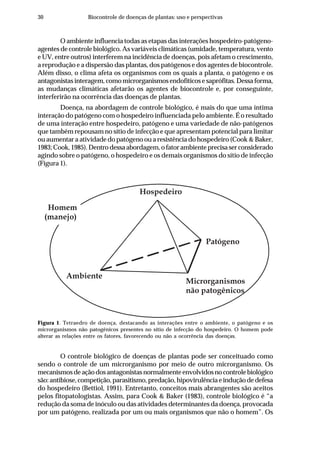 30 Biocontrole de doenças de plantas: uso e perspectivas
O ambiente influencia todas as etapas das interações hospedeiro-patógeno-
agentes de controle biológico. As variáveis climáticas (umidade, temperatura, vento
e UV, entre outros) interferem na incidência de doenças, pois afetam o crescimento,
a reprodução e a dispersão das plantas, dos patógenos e dos agentes de biocontrole.
Além disso, o clima afeta os organismos com os quais a planta, o patógeno e os
antagonistas interagem, como microrganismos endofíticos e saprófitas. Dessa forma,
as mudanças climáticas afetarão os agentes de biocontrole e, por conseguinte,
interferirão na ocorrência das doenças de plantas.
Doença, na abordagem de controle biológico, é mais do que uma íntima
interação do patógeno com o hospedeiro influenciada pelo ambiente. É o resultado
de uma interação entre hospedeiro, patógeno e uma variedade de não-patógenos
que também repousam no sítio de infecção e que apresentam potencial para limitar
ou aumentar a atividade do patógeno ou a resistência do hospedeiro (Cook & Baker,
1983; Cook, 1985). Dentro dessa abordagem, o fator ambiente precisa ser considerado
agindo sobre o patógeno, o hospedeiro e os demais organismos do sítio de infecção
(Figura 1).
Figura 1. Tetraedro de doença, destacando as interações entre o ambiente, o patógeno e os
microrganismos não patogênicos presentes no sítio de infecção do hospedeiro. O homem pode
alterar as relações entre os fatores, favorecendo ou não a ocorrência das doenças.
Patógeno
Hospedeiro
Ambiente
Homem
(manejo)
Microrganismos
não patogênicos
O controle biológico de doenças de plantas pode ser conceituado como
sendo o controle de um microrganismo por meio de outro microrganismo. Os
mecanismosdeaçãodosantagonistasnormalmenteenvolvidosnocontrolebiológico
são:antibiose,competição,parasitismo,predação,hipovirulênciaeinduçãodedefesa
do hospedeiro (Bettiol, 1991). Entretanto, conceitos mais abrangentes são aceitos
pelos fitopatologistas. Assim, para Cook & Baker (1983), controle biológico é “a
redução da soma de inóculo ou das atividades determinantes da doença, provocada
por um patógeno, realizada por um ou mais organismos que não o homem”. Os
 