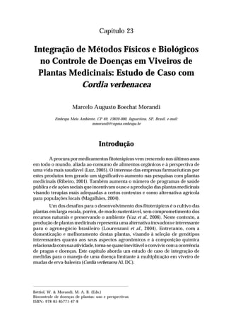 337Integração de Métodos Físicos e Biológicos no Controle de Doenças
em Viveiros de Plantas Medicinais: Estudo de Caso com Cordia verbenacea
Capítulo 23
Integração de Métodos Físicos e Biológicos
no Controle de Doenças em Viveiros de
Plantas Medicinais: Estudo de Caso com
Cordia verbenacea
Marcelo Augusto Boechat Morandi
Embrapa Meio Ambiente, CP 69, 13820-000, Jaguariúna, SP, Brasil, e-mail:
mmorandi@cnpma.embrapa.br
Introdução
A procura por medicamentos fitoterápicos vem crescendo nos últimos anos
em todo o mundo, aliada ao consumo de alimentos orgânicos e à perspectiva de
uma vida mais saudável (Luz, 2005). O interesse das empresas farmacêuticas por
estes produtos tem gerado um significativo aumento nas pesquisas com plantas
medicinais (Ribeiro, 2001). Também aumenta o número de programas de saúde
pública e de ações sociais que incentivam o uso e a produção das plantas medicinais
visando terapias mais adequadas a certos contextos e como alternativa agrícola
para populações locais (Magalhães, 2004).
Um dos desafios para o desenvolvimento dos fitoterápicos é o cultivo das
plantas em larga escala, porém, de modo sustentável, sem comprometimento dos
recursos naturais e preservando o ambiente (Vaz et al., 2006). Neste contexto, a
produção de plantas medicinais representa uma alternativa inovadora e interessante
para o agronegócio brasileiro (Lourenzani et al., 2004). Entretanto, com a
domesticação e melhoramento destas plantas, visando à seleção de genótipos
interessantes quanto aos seus aspectos agronômicos e à composição química
relacionada com sua atividade, torna-se quase inevitável o convívio com a ocorrência
de pragas e doenças. Este capítulo aborda um estudo de caso de integração de
medidas para o manejo de uma doença limitante à multiplicação em viveiro de
mudas de erva-baleeira (Cordia verbenacea Al. DC).
Bettiol, W. & Morandi, M. A. B. (Eds.)
Biocontrole de doenças de plantas: uso e perspectivas
ISBN: 978-85-85771-47-8
 