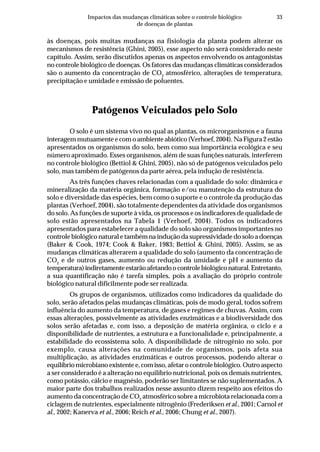 33Impactos das mudanças climáticas sobre o controle biológico
de doenças de plantas
às doenças, pois muitas mudanças na fisiologia da planta podem alterar os
mecanismos de resistência (Ghini, 2005), esse aspecto não será considerado neste
capítulo. Assim, serão discutidos apenas os aspectos envolvendo os antagonistas
no controle biológico de doenças. Os fatores das mudanças climáticas considerados
são o aumento da concentração de CO2
atmosférico, alterações de temperatura,
precipitação e umidade e emissão de poluentes.
Patógenos Veiculados pelo Solo
O solo é um sistema vivo no qual as plantas, os microrganismos e a fauna
interagem mutuamente e com o ambiente abiótico (Verhoef, 2004). Na Figura 2 estão
apresentados os organismos do solo, bem como sua importância ecológica e seu
número aproximado. Esses organismos, além de suas funções naturais, interferem
no controle biológico (Bettiol & Ghini, 2005), não só de patógenos veiculados pelo
solo, mas também de patógenos da parte aérea, pela indução de resistência.
As três funções chaves relacionadas com a qualidade do solo: dinâmica e
mineralização da matéria orgânica, formação e/ou manutenção da estrutura do
solo e diversidade das espécies, bem como o suporte e o controle da produção das
plantas (Verhoef, 2004), são totalmente dependentes da atividade dos organismos
do solo. As funções de suporte à vida, os processos e os indicadores de qualidade de
solo estão apresentados na Tabela 1 (Verhoef, 2004). Todos os indicadores
apresentados para estabelecer a qualidade do solo são organismos importantes no
controle biológico natural e também na indução da supressividade do solo a doenças
(Baker & Cook, 1974; Cook & Baker, 1983; Bettiol & Ghini, 2005). Assim, se as
mudanças climáticas alterarem a qualidade do solo (aumento da concentração de
CO2
e de outros gases, aumento ou redução da umidade e pH e aumento da
temperatura)indiretamenteestarãoafetandoocontrolebiológiconatural.Entretanto,
a sua quantificação não é tarefa simples, pois a avaliação do próprio controle
biológico natural dificilmente pode ser realizada.
Os grupos de organismos, utilizados como indicadores da qualidade do
solo, serão afetados pelas mudanças climáticas, pois de modo geral, todos sofrem
influência do aumento da temperatura, de gases e regimes de chuvas. Assim, com
essas alterações, possivelmente as atividades enzimáticas e a biodiversidade dos
solos serão afetadas e, com isso, a deposição de matéria orgânica, o ciclo e a
disponibilidade de nutrientes, a estrutura e a funcionalidade e, principalmente, a
estabilidade do ecossistema solo. A disponibilidade de nitrogênio no solo, por
exemplo, causa alterações na comunidade de organismos, pois afeta sua
multiplicação, as atividades enzimáticas e outros processos, podendo alterar o
equilíbrio microbiano existente e, com isso, afetar o controle biológico. Outro aspecto
a ser considerado é a alteração no equilíbrio nutricional, pois os demais nutrientes,
como potássio, cálcio e magnésio, poderão ser limitantes se não suplementados. A
maior parte dos trabalhos realizados nesse assunto dizem respeito aos efeitos do
aumento da concentração de CO2
atmosférico sobre a microbiota relacionada com a
ciclagem de nutrientes, especialmente nitrogênio (Frederiksen et al., 2001; Carnol et
al., 2002; Kanerva et al., 2006; Reich et al., 2006; Chung et al., 2007).
 
