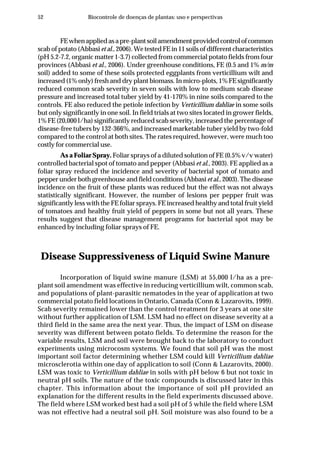 52 Biocontrole de doenças de plantas: uso e perspectivas
FEwhenappliedasapre-plantsoilamendmentprovidedcontrolofcommon
scab of potato (Abbasi et al., 2006). We tested FE in 11 soils of different characteristics
(pH 5.2-7.2, organic matter 1-3.7) collected from commercial potato fields from four
provinces (Abbasi et al., 2006). Under greenhouse conditions, FE (0.5 and 1% m/m
soil) added to some of these soils protected eggplants from verticillium wilt and
increased (1% only) fresh and dry plant biomass. In micro-plots, 1% FE significantly
reduced common scab severity in seven soils with low to medium scab disease
pressure and increased total tuber yield by 41-170% in nine soils compared to the
controls. FE also reduced the petiole infection by Verticillium dahliae in some soils
but only significantly in one soil. In field trials at two sites located in grower fields,
1% FE (20,000 l/ha) significantly reduced scab severity, increased the percentage of
disease-free tubers by 132-366%, and increased marketable tuber yield by two-fold
compared to the control at both sites. The rates required, however, were much too
costly for commercial use.
As a Foliar Spray. Foliar sprays of a diluted solution of FE (0.5% v/v water)
controlled bacterial spot of tomato and pepper (Abbasi et al., 2003). FE applied as a
foliar spray reduced the incidence and severity of bacterial spot of tomato and
pepper under both greenhouse and field conditions (Abbasi et al., 2003). The disease
incidence on the fruit of these plants was reduced but the effect was not always
statistically significant. However, the number of lesions per pepper fruit was
significantly less with the FE foliar sprays. FE increased healthy and total fruit yield
of tomatoes and healthy fruit yield of peppers in some but not all years. These
results suggest that disease management programs for bacterial spot may be
enhanced by including foliar sprays of FE.
Disease Suppressiveness of Liquid Swine Manure
Incorporation of liquid swine manure (LSM) at 55,000 l/ha as a pre-
plant soil amendment was effective in reducing verticillium wilt, common scab,
and populations of plant-parasitic nematodes in the year of application at two
commercial potato field locations in Ontario, Canada (Conn & Lazarovits, 1999).
Scab severity remained lower than the control treatment for 3 years at one site
without further application of LSM. LSM had no effect on disease severity at a
third field in the same area the next year. Thus, the impact of LSM on disease
severity was different between potato fields. To determine the reason for the
variable results, LSM and soil were brought back to the laboratory to conduct
experiments using microcosm systems. We found that soil pH was the most
important soil factor determining whether LSM could kill Verticillium dahliae
microsclerotia within one day of application to soil (Conn & Lazarovits, 2000).
LSM was toxic to Verticillium dahliae in soils with pH below 6 but not toxic in
neutral pH soils. The nature of the toxic compounds is discussed later in this
chapter. This information about the importance of soil pH provided an
explanation for the different results in the field experiments discussed above.
The field where LSM worked best had a soil pH of 5 while the field where LSM
was not effective had a neutral soil pH. Soil moisture was also found to be a
 