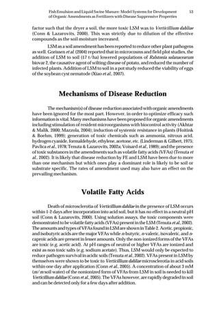 53Fish Emulsion and Liquid Swine Manure: Model Systems for Development
of Organic Amendments as Fertilizers with Disease Suppressive Properties
factor such that the dryer a soil, the more toxic LSM was to Verticillium dahliae
(Conn & Lazarovits, 2000). This was strictly due to dilution of the effective
compounds as the soil moisture increased.
LSM as a soil amendment has been reported to reduce other plant pathogens
as well. Gorissen et al. (2004) reported that in microcosms and field plot studies, the
addition of LSM to soil (17 t/ha) lowered populations of Ralstonia solanacearum
biovar 2, the causative agent of wilting disease of potato, and reduced the number of
infected plants. Addition of LSM to soil in a pot study reduced the viability of eggs
of the soybean cyst nematode (Xiao et al., 2007).
Mechanisms of Disease Reduction
The mechanism(s) of disease reduction associated with organic amendments
have been ignored for the most part. However, in order to optimize efficacy such
informationisvital.Manymechanismshavebeenproposedfororganicamendments
including stimulation of resident microorganisms with biocontrol activity (Akhtar
& Malik. 2000; Mazzola, 2004); induction of systemic resistance in plants (Hoitink
& Boehm, 1999); generation of toxic chemicals such as ammonia, nitrous acid,
hydrogencyanide,formaldehyde,ethylene,acetone,etc.(Linderman&Gilbert,1975;
Pavlica et al., 1978; Tenuta & Lazarovits, 2002a; Voisard et al., 1989); and the presence
of toxic substances in the amendments such as volatile fatty acids (VFAs) (Tenuta et
al., 2002). It is likely that disease reduction by FE and LSM have been due to more
than one mechanism but which ones play a dominant role is likely to be soil or
substrate specific. The rates of amendment used may also have an effect on the
prevailing mechanism.
Volatile Fatty Acids
Death of microsclerotia of Verticillium dahliae in the presence of LSM occurs
within 1-2 days after incorporation into acid soil, but it has no effect in a neutral pH
soil (Conn & Lazarovits, 2000). Using solution assays, the toxic components were
demonstrated to be volatile fatty acids (VFAs) present in the LSM (Tenuta et al.,2002).
TheamountsandtypesofVFAsfoundinLSMareshowninTable2.Acetic,propionic,
and isobutyric acids are the major VFAs while n-butyric, n-valeric, isovaleric, and n-
caproic acids are present in lesser amounts. Only the non-ionized forms of the VFAs
are toxic (e.g. acetic acid). At pH ranges of neutral or higher VFAs are ionized and
exist as non toxic salts (e.g. sodium acetate). Thus, LSM would only be expected to
reduce pathogen survival in acidic soils (Tenuta et al., 2002). VFAs present in LSM by
themselves were shown to be toxic to Verticillium dahliae microsclerotia in acid soils
within one day after application (Conn et al., 2005). A concentration of about 3 mM
(m/m soil water) of the nonionized form of VFAs from LSM in soil is needed to kill
Verticillium dahliae (Connet al.,2005).TheVFAshowever,arerapidlydegradedinsoil
and can be detected only for a few days after addition.
 
