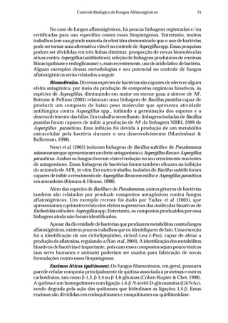 75Controle Biológico de Fungos Aflatoxigênicos
No caso de fungos aflatoxigênicos, há poucas linhagens registradas e/ou
certificadas para uso específico contra esses fitopatógenos. Entretanto, muitos
trabalhos (em sua grande maioria in vitro) têm demonstrado que o uso de bactérias
pode ser tornar uma alternativa viável no controle de Aspergillus spp.Essaspesquisas
podem ser divididas em três linhas distintas: prospecção de novas biomoléculas
ativas contra Aspergillus (antibióticos); seleção de linhagens produtoras de enzimas
líticas(quitinaseeendoglicanase)e,maisrecentemente,usodeácidoláticodebactéria.
Alguns exemplos dessas metodologias e seu potencial no controle de fungos
aflatoxigênicos serão relatados a seguir.
Biomoléculas. Diversas espécies de bactérias são capazes de oferecer algum
efeito antagônico, por meio da produção de compostos orgânicos bioativos, às
espécies de Aspergillus, diminuindo em maior ou menor grau a síntese de AF.
Bottone & Pelluso (2003) relataram uma linhagem de Bacillus pumilus capaz de
produzir um composto de baixo peso molecular que apresenta atividade
antifúngica contra Aspergillus spp., inibindo a germinação dos esporos e o
desenvolvimento das hifas. Em trabalho semelhante, linhagens isoladas de Bacillus
pumilus foram capazes de inibir a produção de AF da linhagem NRRL 2999 de
Aspergillus parasiticus. Essa inibição foi devida à produção de um metabólito
extracelular pela bactéria durante o seu desenvolvimento (Munimbazi &
Bullerman, 1998).
Nesci et al. (2005) isolaram linhagens de Bacillus subtilis e de Pseudomonas
solonacearum queapresentaramumforteantagonismoaAspergillusflavus eAspergillus
parasiticus. Ambos os fungos tiveram visível redução no seu crescimento nos testes
de antagonismo. Essas linhagens de bactérias foram também eficazes na inibição
do acúmulo de AFB1
in vitro. Em outro trabalho, isolados de Bacillus subtilis foram
capazes de inibir o crescimento de Aspergillus flavusem milho e Aspergillus parasiticus
em amendoim (Kimura & Hirano, 1988).
Além das espécies de Bacillus e de Pseudomonas, outros gêneros de bactérias
também são relatados por produzir compostos antagônicos contra fungos
aflatoxigênicos. Um exemplo recente foi dado por Yadav et al. (2005), que
apresentaram o primeiro relato dos efeitos supressivos das moléculas bioativas de
Escherichia coli sobre Aspergillus spp. Entretanto, os compostos produzidos por essa
linhagem ainda não foram identificados.
Apesardadiversidadedebactériasqueproduzemmetabólitoscontrafungos
aflatoxigênicos, existem poucos trabalhos que os identifiquem de fato. Uma exceção
foi a identificação de um ciclodipeptídeo, ciclo(L-Leu-L-Pro), capaz de afetar a
produçãodeaflatoxina,regulando-a(Yanetal.,2004).Aidentificaçãodosmetabólitos
bioativos de bactérias é importante, pois caso esses compostos sejam pouco tóxicos
(aos seres humanos e animais) poderiam ser usados para fabricação de novas
formulações contra esses fitopatógenos.
Enzimas líticas (quitinases). Os fungos filamentosos, em geral, possuem
parede celular composta principalmente de quitina associada a proteínas e outros
carboidratos, tais como β-1,3, β-1,4 ou β-1,6-glicanas (Cohen-Kupiec & Chet, 1998).
A quitina é um homopolímero com ligação 1,4-β N-acetil-D-glicosamina (GlcNAc),
sendo degrada pela ação das quitinases que hidrolisam as ligações 1,4-β. Essas
enzimas são divididas em endoquitinases e exoquitinases ou quitibiosidase.
 