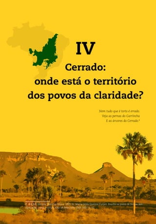 IV
Cerrado:
onde está o território
dos povos da claridade?
Nem tudo que é torto é errado.
Veja as pernas do Garrincha
E as árvores do Cerrado.8
8 BEHER, Nicolas. Beijos de hiena - 1993. In Maria Gilda Queiroz Furiati. Brasília na poesia de Nicolas Behr:
idealização, utopia e crítica. Tese de Mestrado, UNB, 2007, p. 10.
 