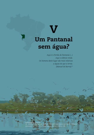Biomas do Brasil: da exploração à convivência
69
V
Um Pantanal
sem água?
Aqui é o Portão do Pantanal.(...)
Aqui o silêncio rende.
Os homens deste lugar são mais relativos
a águas do que a terras.
(Manuel de Barros)10
10 BARROS, Manuel de. Poemas: "Narrador apresenta sua terra" e "Mundo
renovado". In: Almanaque Brasil Socioambiental, 2008, p. 190.
 