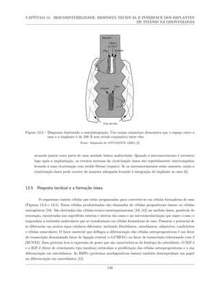 CAPÍTULO 13. BIOCOMPATIBILIDADE, RESPOSTA TECIDUAL E INTERFACE DOS IMPLANTES
DE TITÂNIO NA ODONTOLOGIA
Figura 13.2 – Diagrama ilustrando a osseointegração. Um exame minucioso demonstra que o espaço entre o
osso e o implante é de 100 Å sem tecido conjuntivo entre eles.
Fonte: Adaptado de ANUSAVICE (2005) [2]
atuando juntos como parte de uma unidade básica multicelular. Quando o micromovimento é excessivo
logo após a implantação, os eventos normais da cicatrização óssea são repetidamente interrompidos,
levando a uma cicatrização com tecido fibroso (reparo). Se os micromovimentos estão ausentes, então a
cicatrização óssea pode ocorrer de maneira adequada levando à integração do implante ao osso [6].
13.5 Resposta tecidual e a formação óssea
O organismo contém células que estão programadas para converter-se em células formadoras de osso
(Figuras 13.3 e 13.5). Estas células predestinadas são chamadas de células progenitoras ósseas ou células
osteogênicas [10]. São derivadas das células-tronco mesenquimatosas [10] [12] na medula óssea, passíveis de
renovação, encontradas nas superfícies externa e interna dos ossos e na microvascularização que supre o osso, e
respondem a estímulos moleculares que as transformam em células formadoras de osso. Possuem o potencial de
se diferenciar em muitos tipos celulares diferentes, incluindo fibroblastos, osteoblastos, adipócitos, condrócitos
e células musculares. O fator essencial que deflagra a diferenciação das células osteoprogenitoras é um fator
de transcrição denominado fator de ligação central α-1(CBFA1) ou fator de transcrição relacionado com 2
(RUNX2). Essa proteína leva à expressão de genes que são característicos do fenótipo do osteoblasto. O IGF-1
e o IGF-2 (fator de crescimento tipo insulina) estimulam a proliferação das células osteoprogenitoras e a sua
diferenciação em osteoblastos. As BMPs (proteínas morfogenéticas ósseas) também desempenham um papel
na diferenciação em osteoblastos [12].
149
 