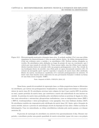 CAPÍTULO 13. BIOCOMPATIBILIDADE, RESPOSTA TECIDUAL E INTERFACE DOS IMPLANTES
DE TITÂNIO NA ODONTOLOGIA
Figura 13.3 – Eletromicrografia mostrando a formação óssea ativa. A cavidade medular (Cav) com suas células
sanguíneas em desenvolvimento é vista no canto inferior direito. As células osteoprogenitoras
(Cop) são evidentes entre a medula e os osteoblastos (Ob). Exibem núcleos alongados ou
ovoides. Os osteoblastos estão alinhados ao longo da porção do osso em crescimento, que é
coberta por uma camada de osteoide (Os). Nessa mesma região, uma das células (canto superior
direito) inserida dentro do osteoide exibe um pequeno prolongamento (seta). Em virtude de
sua localização dentro do osteóide, essa célula pode ser agora denominada osteócito (Oc). O
restante da micrografia (parte superior esquerda) é composto de matriz óssea (Mo) calcificada.
Dentro da matriz, encontram-se canalículos (Cc) contendo prolongamentos do osteócito. O
limite entre duas lamelas (Lam) adjacentes do osso previamente formado é evidente na forma
de uma linha escura irregular. 9.000×.
Fonte: Adaptado de ROSS e PAWLINA (2016) [12]
Dessa forma, quando há necessidade de regeneração óssea, as células progenitoras ósseas se diferenciam
em osteoblastos, que emitem seus prolongamentos citoplasmáticos, criando espaços intercelulares e iniciando a
síntese da matriz óssea [9]. Os osteoblastos secretam tanto colágeno do tipo I (que constitui 90% da proteína
no osso), quanto proteínas da matriz óssea, que constituem a matriz não mineralizada do osso imaturo ou
osteóide. As proteínas da matriz óssea produzidas pelos osteoblastos incluem as proteínas de ligação do cálcio,
tais como osteocalcina e osteonectina; glicoproteínas multiadesivas, como as sialoproteínas ósseas (BSP-1
e BSP-2), trombospondinas e vários proteoglicanos e seus agregados, bem como fosfatase alcalina (ALP).
Os osteoblastos também são responsáveis pela calcificação da matriz óssea [12]. Assim, após a formação da
matriz osteóide, inicia-se o processo de mineralização através da deposição de íons cálcio e fósforo na forma de
hidroxiapatita. Uma vez mineralizada, as células osteoblásticas rodeadas pela matriz passam a se chamar
osteócitos [9].
O processo de maturação do osteoblasto em osteócito leva aproximadamente 3 dias. Durante esse
período, o osteoblasto produz uma grande quantidade de matriz extracelular (quase três vezes o seu próprio
150
 