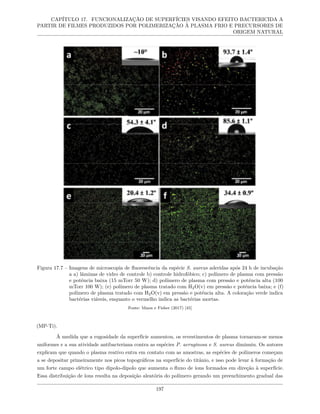 CAPÍTULO 17. FUNCIONALIZAÇÃO DE SUPERFÍCIES VISANDO EFEITO BACTERICIDA A
PARTIR DE FILMES PRODUZIDOS POR POLIMERIZAÇÃO À PLASMA FRIO E PRECURSORES DE
ORIGEM NATURAL
Figura 17.7 – Imagens de microscopia de fluorescência da espécie S. aureus aderidas após 24 h de incubação
a a) lâminas de vidro de controle b) controle hidrofóbico; c) polímero de plasma com pressão
e potência baixa (15 mTorr 50 W); d) polímero de plasma com pressão e potência alta (100
mTorr 100 W); (e) polímero de plasma tratado com H2O(v) em pressão e potência baixa; e (f)
polímero de plasma tratado com H2O(v) em pressão e potência alta. A coloração verde indica
bactérias viáveis, enquanto o vermelho indica as bactérias mortas.
Fonte: Mann e Fisher (2017) [45]
(MP-Ti).
À medida que a rugosidade da superfície aumentou, os revestimentos de plasma tornaram-se menos
uniformes e a sua atividade antibacteriana contra as espécies P. aeruginosa e S. aureus diminuiu. Os autores
explicam que quando o plasma reativo entra em contato com as amostras, as espécies de polímeros começam
a se depositar primeiramente nos picos topográficos na superfície do titânio, e isso pode levar à formação de
um forte campo elétrico tipo dipolo-dipolo que aumenta o fluxo de íons formados em direção à superfície.
Essa distribuição de íons resulta na deposição aleatória do polímero gerando um preenchimento gradual das
197
 