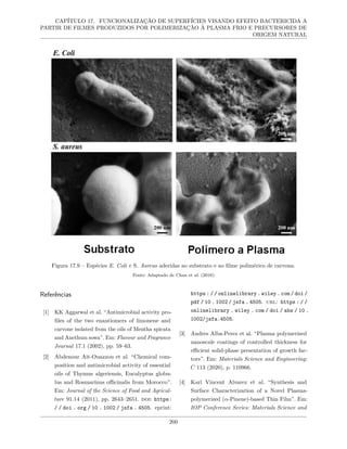 CAPÍTULO 17. FUNCIONALIZAÇÃO DE SUPERFÍCIES VISANDO EFEITO BACTERICIDA A
PARTIR DE FILMES PRODUZIDOS POR POLIMERIZAÇÃO À PLASMA FRIO E PRECURSORES DE
ORIGEM NATURAL
Figura 17.9 – Espécies E. Coli e S. Aureus aderidas ao substrato e ao filme polimérico de carvona.
Fonte: Adaptado de Chan et al. (2016)
Referências
[1] KK Aggarwal et al. “Antimicrobial activity pro-
files of the two enantiomers of limonene and
carvone isolated from the oils of Mentha spicata
and Anethum sowa”. Em: Flavour and Fragrance
Journal 17.1 (2002), pp. 59–63.
[2] Abdenour Ait-Ouazzou et al. “Chemical com-
position and antimicrobial activity of essential
oils of Thymus algeriensis, Eucalyptus globu-
lus and Rosmarinus officinalis from Morocco”.
Em: Journal of the Science of Food and Agricul-
ture 91.14 (2011), pp. 2643–2651. doi: https:
/ / doi . org / 10 . 1002 / jsfa . 4505. eprint:
https : / / onlinelibrary . wiley . com / doi /
pdf / 10 . 1002 / jsfa . 4505. url: https : / /
onlinelibrary . wiley . com / doi / abs / 10 .
1002/jsfa.4505.
[3] Andres Alba-Perez et al. “Plasma polymerised
nanoscale coatings of controlled thickness for
efficient solid-phase presentation of growth fac-
tors”. Em: Materials Science and Engineering:
C 113 (2020), p. 110966.
[4] Karl Vincent Alvarez et al. “Synthesis and
Surface Characterization of a Novel Plasma-
polymerized (α-Pinene)-based Thin Film”. Em:
IOP Conference Series: Materials Science and
200
 