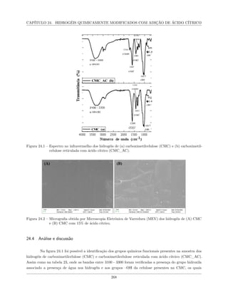 CAPÍTULO 24. HIDROGÉIS QUIMICAMENTE MODIFICADOS COM ADIÇÃO DE ÁCIDO CÍTRICO
Figura 24.1 – Espectro no infravermelho dos hidrogéis de (a) carboximetilcelulose (CMC) e (b) carboximetil-
celulose reticulada com ácido cítrico (CMC_AC).
Figura 24.2 – Micrografia obtida por Microscopia Eletrônica de Varredura (MEV) dos hidrogéis de (A) CMC
e (B) CMC com 15% de ácido cítrico.
24.4 Análise e discussão
Na figura 24.1 foi possível a identificação dos grupos químicos funcionais presentes na amostra dos
hidrogéis de carboximetilcelulose (CMC) e carboximetilcelulose reticulada com ácido cítrico (CMC_AC).
Assim como na tabela 23, onde as bandas entre 3100 - 3300 foram verificadas a presença do grupo hidroxila
associado a presença de água nos hidrogéis e aos grupos –OH da celulose presentes na CMC, os quais
268
 
