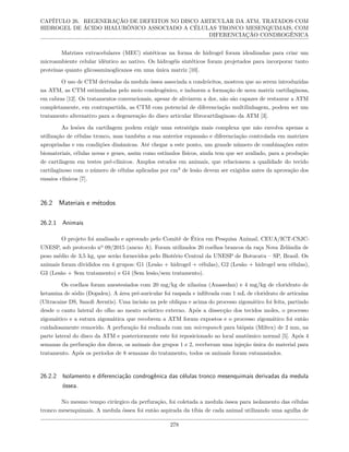 CAPÍTULO 26. REGENERAÇÃO DE DEFEITOS NO DISCO ARTICULAR DA ATM, TRATADOS COM
HIDROGEL DE ÁCIDO HIALURÔNICO ASSOCIADO A CÉLULAS TRONCO MESENQUIMAIS, COM
DIFERENCIAÇÃO CONDROGÊNICA
Matrizes extracelulares (MEC) sintéticas na forma de hidrogel foram idealizadas para criar um
microambiente celular idêntico ao nativo. Os hidrogéis sintéticos foram projetados para incorporar tanto
proteínas quanto glicosaminoglicanos em uma única matriz [10].
O uso de CTM derivadas da medula óssea associada a condrócitos, mostrou que ao serem introduzidas
na ATM, as CTM estimuladas pelo meio condrogênico, e induzem a formação de nova matriz cartilaginosa,
em cabras [12]. Os tratamentos convencionais, apesar de aliviarem a dor, não são capazes de restaurar a ATM
completamente, em contrapartida, as CTM com potencial de diferenciação multilinhagem, podem ser um
tratamento alternativo para a degeneração do disco articular fibrocartilaginoso da ATM [3].
As lesões da cartilagem podem exigir uma estratégia mais complexa que não envolva apenas a
utilização de células tronco, mas também a sua anterior expansão e diferenciação controlada em matrizes
apropriadas e em condições dinâmicas. Até chegar a este ponto, um grande número de combinações entre
biomateriais, células novas e genes, assim como estímulos físicos, ainda tem que ser avaliado, para a produção
de cartilagem em testes pré-clínicos. Amplos estudos em animais, que relacionem a qualidade do tecido
cartilaginoso com o número de células aplicadas por cm3
de lesão devem ser exigidos antes da aprovação dos
ensaios clínicos [7].
26.2 Materiais e métodos
26.2.1 Animais
O projeto foi analisado e aprovado pelo Comitê de Ética em Pesquisa Animal, CEUA/ICT-CSJC-
UNESP, sob protocolo nº 09/2015 (anexo A). Foram utilizados 20 coelhos brancos da raça Nova Zelândia de
peso médio de 3,5 kg, que serão fornecidos pelo Biotério Central da UNESP de Botucatu – SP, Brasil. Os
animais foram divididos em 4 grupos: G1 (Lesão + hidrogel + células), G2 (Lesão + hidrogel sem células),
G3 (Lesão + Sem tratamento) e G4 (Sem lesão/sem tratamento).
Os coelhos foram anestesiados com 20 mg/kg de xilazina (Anasedan) e 4 mg/kg de cloridrato de
ketamina de sódio (Dopalen). A área pré-auricular foi raspada e infiltrada com 1 mL de cloridrato de articaína
(Ultracaine DS, Sanofi Aventis). Uma incisão na pele oblíqua e acima do processo zigomático foi feita, partindo
desde o canto lateral do olho ao meato acústico externo. Após a dissecção dos tecidos moles, o processo
zigomático e a sutura zigomática que recobrem a ATM foram expostos e o processo zigomático foi então
cuidadosamente removido. A perfuração foi realizada com um micropunch para biópsia (Miltex) de 2 mm, na
parte lateral do disco da ATM e posteriormente este foi reposicionado ao local anatômico normal [5]. Após 4
semanas da perfuração dos discos, os animais dos grupos 1 e 2, receberam uma injeção única do material para
tratamento. Após os períodos de 8 semanas do tratamento, todos os animais foram eutanasiados.
26.2.2 Isolamento e diferenciação condrogênica das células tronco mesenquimais derivadas da medula
óssea.
No mesmo tempo cirúrgico da perfuração, foi coletada a medula óssea para isolamento das células
tronco mesenquimais. A medula óssea foi então aspirada da tíbia de cada animal utilizando uma agulha de
278
 