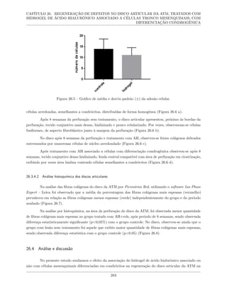 CAPÍTULO 26. REGENERAÇÃO DE DEFEITOS NO DISCO ARTICULAR DA ATM, TRATADOS COM
HIDROGEL DE ÁCIDO HIALURÔNICO ASSOCIADO A CÉLULAS TRONCO MESENQUIMAIS, COM
DIFERENCIAÇÃO CONDROGÊNICA
Figura 26.5 – Gráfico de média e desvio padrão (±) da adesão celular.
células arredondas, semelhantes a condrócitos, distribuídas de forma homogênea (Figura 26.6 a).
Após 8 semanas da perfuração sem tratamento, o disco articular apresentou, próximo às bordas da
perfuração, tecido conjuntivo mais denso, hialinizado e pouco celularizado. Por vezes, observaram-se células
fusiformes, de aspecto fibroblástico junto à margem da perfuração (Figura 26.6 b).
No disco após 8 semanas da perfuração e tratamento com AH, observou-se feixes colágenos delicados
entremeados por numerosas células de núcleo arredondado (Figura 26.6 c).
Após tratamento com AH associado a células com diferenciação condrogênica observou-se após 8
semanas, tecido conjuntivo denso hialinizado, fenda central compatível com área de perfuração em cicatrização,
exibindo por vezes área hialina contendo células semelhantes a condrócitos (Figura 26.6 d).
26.3.4.2 Análise histoquímica dos discos articulares
Na análise das fibras colágenas do disco da ATM por Picrosirius Red, utilizando o software Las Phase
Expert – Leica foi observado que a média da porcentagem das fibras colágenas mais espessas (vermelho)
prevaleceu em relação as fibras colágenas menos espessas (verde) independentemente do grupo e do período
avaliado (Figura 26.7).
Na análise por histoquímica, na área da perfuração do disco da ATM, foi observada menor quantidade
de fibras colágenas mais espessas no grupo tratado com AH+cels, após período de 8 semanas, sendo observada
diferença estatisticamente significante (p<0,05%) com o grupo controle. No disco, observou-se ainda que o
grupo com lesão sem tratamento foi aquele que exibiu maior quantidade de fibras colágenas mais espessas,
sendo observada diferença estatística com o grupo controle (p<0.05) (Figura 26.8).
26.4 Análise e discussão
No presente estudo avaliamos o efeito da associação do hidrogel de ácido hialurônico associado ou
não com células mesenquimais diferenciadas em condrócitos na regeneração do disco articular da ATM na
283
 