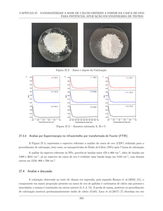 CAPÍTULO 27. NANOMATERIAIS A BASE DE CÁLCIO OBTIDOS A PARTIR DA CASCA DE OVO
PARA POTENCIAL APLICAÇÃO EM ENGENHARIA DE TECIDO
Figura 27.2 – Antes e depois da Calcinação.
Figura 27.3 – Amostra calcinada A, B e C.
27.3.4 Análise por Espectroscopia no infravermelho por transformada de Fourier (FTIR)
A Figura 27.4, representa o espectro referente a análise da casca de ovo (CDV) utilizada para o
procedimento de calcinação, bem como, as nanopartículas de Óxido de Cálcio (NPs) após 7 horas de calcinação.
A análise do espectro referente às NPs, percebe-se bandas entre 470 a 868 cm-1
, além de bandas em
1489 e 3641 cm-1
, já no espectro da casca de ovo é evidente uma banda larga em 1416 cm-1
, com demais
outras em 2150, 868 e 708 cm-1
.
27.4 Análise e discussão
A coloração observada no teste de chama era esperada, pois segundo Ramya et al.(2022) [11], o
componente em maior proporção presente na casca de ovo de galinha é carbonatos de cálcio não porosos e
imaculados, o mesmo é constatado em outros autores [3, 8, 2, 15]. A perda de massa, posterior ao procedimento
de calcinação mostrou predominantemente óxido de cálcio (CaO). Laca et al.(2017) [7] abordam em seu
293
 