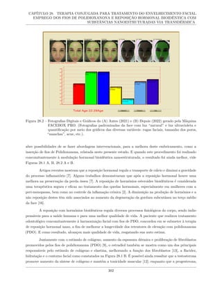 CAPÍTULO 28. TERAPIA CONJUGADA PARA TRATAMENTO DO ENVELHECIMENTO FACIAL.
EMPREGO DOS FIOS DE POLIDIOXANONA E REPOSIÇÃO HORMONAL BIOIDÊNTICA COM
SUBSTÂNCIAS NANOESTRUTURADAS VIA TRANSDÉRMICA
Figura 28.2 – Fotografias Digitais e Gráficos do (A) Antes (2021) e (B) Depois (2022) gerado pela Máquina
FACEBOX PRO. (Fotografias padronizadas da face com luz “natural” e luz ultravioleta e
quantificação por meio dos gráficos das diversas variáveis: rugas faciais, tamanho dos poros,
“manchas”, acne, etc.).
abre possibilidades de se fazer abordagens intervencionais, para a melhora deste embricamento, como a
inserção de fios de Polidioxanona, relatada neste presente estudo. E quando este procedimento foi realizado
concomitantemente à modulação hormonal bioidêntica nanoestruturada, o resultado foi ainda melhor, vide
Figuras 28.1 A, B, 28.2 A e B.
Artigos recentes mostram que a reposição hormonal regula o transporte de cálcio e diminui a gravidade
do processo inflamatório [7]. Alguns trabalhos demonstraram que após a reposição hormonal houve uma
melhora na preservação da perda óssea [7]. A reposição de hormônios esteroides bioidênticos é considerada
uma terapêutica segura e eficaz no tratamento das quedas hormonais, especialmente em mulheres com a
peri-menopausa, bem como no controle da inflamação crônica [2]. A diminuição na produção de hormônios e a
não reposição destes têm sido associados ao aumento da degeneração da gordura subcutânea no terço médio
da face [16].
A reposição com hormônios bioidênticos regula diversos processos fisiológicos do corpo, sendo indis-
pensáveis para a saúde humana e para uma melhor qualidade de vida. A paciente que realizou tratamento
odontológico concomitantemente à harmonização facial com fios de PDO, concordou em se submeter à terapia
de reposição hormonal nano, a fim de melhorar a longevidade dos retentores de elevação com polidioxanona
(PDO). E como resultado, alcançou mais qualidade de vida, resgatando sua auto estima.
Juntamente com o estímulo de colágeno, aumento da espessura dérmica e proliferação de fibroblastos
promovidos pelos fios de polidioxanona (PDO) [9], o estradiol também se mostra como um dos principais
responsáveis pelo estímulo de colágeno e elastina, melhorando a função dos fibroblastos [13], a flacidez,
hidratação e o contorno facial como constatados na Figura 28.1 B. É possível ainda ressaltar que a testosterona
promove aumento da síntese de colágeno e mantém a tonicidade muscular [12]; enquanto que a progesterona,
302
 