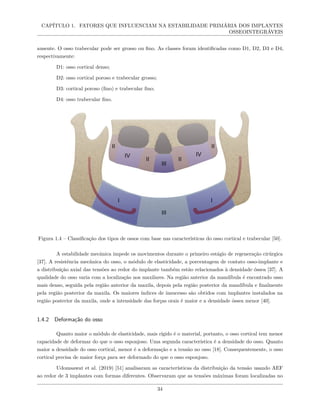 CAPÍTULO 1. FATORES QUE INFLUENCIAM NA ESTABILIDADE PRIMÁRIA DOS IMPLANTES
OSSEOINTEGRÁVEIS
ausente. O osso trabecular pode ser grosso ou fino. As classes foram identificadas como D1, D2, D3 e D4,
respectivamente:
D1: osso cortical denso;
D2: osso cortical poroso e trabecular grosso;
D3: cortical poroso (fino) e trabecular fino;
D4: osso trabecular fino.
Figura 1.4 – Classificação dos tipos de ossos com base nas características do osso cortical e trabecular [50].
A estabilidade mecânica impede os movimentos durante o primeiro estágio de regeneração cirúrgica
[37]. A resistência mecânica do osso, o módulo de elasticidade, a porcentagem de contato osso-implante e
a distribuição axial das tensões ao redor do implante também estão relacionados à densidade óssea [37]. A
qualidade do osso varia com a localização nos maxilares. Na região anterior da mandíbula é encontrado osso
mais denso, seguida pela região anterior da maxila, depois pela região posterior da mandíbula e finalmente
pela região posterior da maxila. Os maiores índices de insucesso são obtidos com implantes instalados na
região posterior da maxila, onde a intensidade das forças orais é maior e a densidade óssea menor [40].
1.4.2 Deformação do osso
Quanto maior o módulo de elasticidade, mais rígido é o material, portanto, o osso cortical tem menor
capacidade de deformar do que o osso esponjoso. Uma segunda característica é a densidade do osso. Quanto
maior a densidade do osso cortical, menor é a deformação e a tensão no osso [18]. Consequentemente, o osso
cortical precisa de maior força para ser deformado do que o osso esponjoso.
Udomsawat et al. (2019) [51] analisaram as características da distribuição da tensão usando AEF
ao redor de 3 implantes com formas diferentes. Observaram que as tensões máximas foram localizadas no
34
 