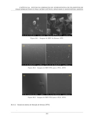 CAPÍTULO 36. ESTUDO DA LIBERAÇÃO DE ATORVASTATINA DE FILAMENTOS DE
POLICAPROLACTONA E POLI (ÁCIDO LÁCTICO) APLICADOS À MANUFATURA ADITIVA
Figura 36.1 – Imagens de MEV do fármaco ATV.
Figura 36.2 – Imagem de MEV PCL puro e PCL−ATVf.
Figura 36.3 – Imagem de MEV PLA puro e PLA−ATVf.
36.3.1.2 Estudo do sistema de liberação de fármaco (ATV)
.
372
 