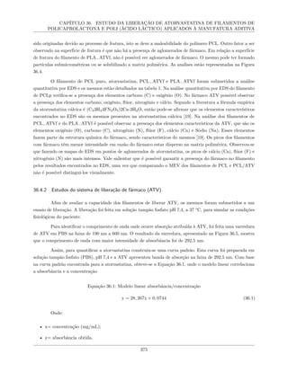 CAPÍTULO 36. ESTUDO DA LIBERAÇÃO DE ATORVASTATINA DE FILAMENTOS DE
POLICAPROLACTONA E POLI (ÁCIDO LÁCTICO) APLICADOS À MANUFATURA ADITIVA
sido originadas devido ao processo de fratura, isto se deve a maleabilidade do polímero PCL. Outro fator a ser
observado na superfície de fratura é que não há a presença de aglomerados de fármaco. Em relação a superfície
de fratura do filamento de PLA−ATVf, não é possível ver aglomerados de fármaco. O mesmo pode ter formado
partículas submicrométricas ou se solubilizado a matriz polimérica. As analises estão representadas na Figura
36.4.
O filamento de PCL puro, atorvastatina, PCL−ATVf e PLA−ATVf foram submetidos a análise
quantitativa por EDS e os mesmos estão detalhados na tabela 1. Na análise quantitativa por EDS do filamento
de PCLp verifica-se a presença dos elementos carbono (C) e oxigênio (O). No fármaco ATV possível observar
a presença dos elementos carbono, oxigênio, flúor, nitrogênio e cálcio. Segundo a literatura a fórmula empírica
da atorvastatina cálcica é (C33H34FN2O5)2Ca-3H2O, então pode-se afirmar que os elementos característicos
encontrados no EDS são os mesmos presentes na atorvastatina cálcica [19]. Na análise dos filamentos de
PCL−ATVf e do PLA−ATVf é possível observar a presença dos elementos característicos da ATV, que são os
elementos oxigênio (O), carbono (C), nitrogênio (N), flúor (F), cálcio (Ca) e Sódio (Na). Esses elementos
fazem parte da estrutura química do fármaco, sendo característicos do mesmos [19]. Os picos dos filamentos
com fármaco têm menor intensidade em razão do fármaco estar disperso na matriz polimérica. Observou-se
que fazendo os mapas de EDS em pontos de aglomerados de atorvastatina, os picos de cálcio (Ca), flúor (F) e
nitrogênio (N) são mais intensos. Vale salientar que é possível garantir a presença do fármaco no filamento
pelos resultados encontrados no EDS, uma vez que comparando o MEV dos filamentos de PCL e PCL/ATV
não é possível distingui-los visualmente.
36.4.2 Estudos do sistema de liberação de fármaco (ATV)
Afim de avaliar a capacidade dos filamentos de liberar ATV, os mesmos foram submetidos a um
ensaio de liberação. A liberação foi feita em solução tampão fosfato pH 7,4, a 37 °C, para simular as condições
fisiológicas do paciente.
Para identificar o comprimento de onda onde ocorre absorção atribuída à ATV, foi feita uma varredura
de ATV em PBS na faixa de 190 nm a 600 nm. O resultado da varredura, apresentado na Figura 36.5, mostra
que o comprimento de onda com maior intensidade de absorbância foi de 292,5 nm.
Assim, para quantificar a atorvastatina construiu-se uma curva padrão. Esta curva foi preparada em
solução tampão fosfato (PBS), pH 7,4 e a ATV apresentou banda de absorção na faixa de 292,5 nm. Com base
na curva padrão encontrada para a atorvastatina, obteve-se a Equação 36.1, onde o modelo linear correlaciona
a absorbância e a concentração
Equação 36.1: Modelo linear absorbância/concentração
y = 28, 267x + 0, 0744 (36.1)
Onde:
• x= concentração (mg/mL);
• y= absorbância obtida.
375
 