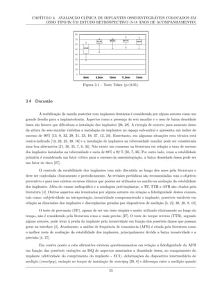 CAPÍTULO 3. AVALIAÇÃO CLÍNICA DE IMPLANTES OSSEOINTEGRÁVEIS COLOCADOS EM
OSSO TIPO IV:UM ESTUDO RETROSPECTIVO (5-18 ANOS DE ACOMPANHAMENTO)
Figura 3.1 – Teste Tukey (p<0,05).
3.4 Discussão
A reabilitação da maxila posterior com implantes dentários é considerada por alguns autores como um
grande desafio para a implantodontia. Aspectos como a presença do seio maxilar e o osso de baixa densidade
óssea são fatores que dificultam a instalação dos implantes [26, 28]. A cirurgia de enxerto para aumento ósseo
da altura do seio maxilar viabiliza a instalação de implantes no espaço sub-antral e apresenta um índice de
sucesso de 90% [13, 9, 32, 29, 31, 33, 19, 37, 12, 24]. Entretanto, em algumas situações esta técnica está
contra-indicada [13, 23, 25, 39, 16] e a instalação de implantes na tuberosidade maxilar pode ser considerada
uma boa alternativa [21, 36, 35, 7, 6, 34]. Não existe um consenso na literatura em relação a taxa de sucesso
dos implantes instalados na tuberosidade e varia de 88% a 92 % [35, 7, 34]. Por outro lado, como a estabilidade
primária é considerada um fator crítico para o sucesso da osseointegração, a baixa densidade óssea pode ser
um fator de risco [27].
O controle da estabilidade dos implantes tem sido discutida ao longo dos anos pela literatura e
deve ser controlada clinicamente e periodicamente. As revisões periódicas são recomendadas com o objetivo
preventivo e para isso existem recursos clínicos que podem ser utilizados no auxílio na avaliação da estabilidade
dos implantes. Além do exame radiográfico e a sondagem peri-implantar, o TP, TTR e AFR são citados pela
literatura [4]. Outros aspectos são levantados por alguns autores em relação a fidedignidade destes exames,
tais como: subjetividade na interpretação, invasividade comprometendo o implante, possíveis variáveis em
relação as dimensões dos implantes e discrepâncias geradas por dispositivos de medição [3, 22, 38, 20, 8, 18].
O teste de percussão (TP), apesar de ser um teste simples e muito utilizado clinicamente ao longo do
tempo, não é considerado pela literatura como o mais preciso [27]. O teste do torque reverso (TTR), segundo
alguns autores, pode levar à perda do implante pela invasividade em função dos possíveis danos que possam
gerar na interface [4]. Atualmente, a análise de frequência de ressonância (AFR) é citada pela literatura como
o melhor teste de avaliação da estabilidade dos implantes, principalmente devido a baixa invasividade e a
precisão [4, 27].
Em contra ponto a esta afirmativa existem questionamentos em relação a fidedignidade da AFR
em função das possíveis variações no ISQ de aspectos associados a densidade óssea, ao comprimento do
implante (efetividade do comprimento do implante - ECI), deformações do dispositivo intermediário de
medição (smartpeg), variação no torque de instalação do smartpeg [20, 8] e diferenças entre a medição quando
55
 