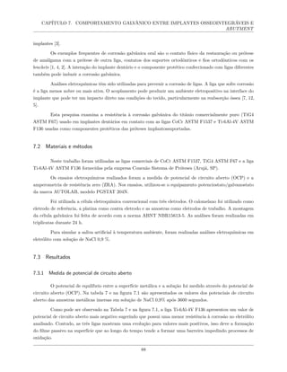 CAPÍTULO 7. COMPORTAMENTO GALVÂNICO ENTRE IMPLANTES OSSEOINTEGRÁVEIS E
ABUTMENT
implantes [3].
Os exemplos frequentes de corrosão galvânica oral são o contato físico da restauração ou prótese
de amálgama com a prótese de outra liga, contatos dos suportes ortodônticos e fios ortodônticos com os
brackets [1, 4, 2]. A interação do implante dentário e o componente protético confeccionado com ligas diferentes
também pode induzir a corrosão galvânica.
Análises eletroquímicas têm sido utilizadas para prevenir a corrosão de ligas. A liga que sofre corrosão
é a liga menos nobre ou mais ativa. O acoplamento pode produzir um ambiente eletropositivo na interface do
implante que pode ter um impacto direto nas condições do tecido, particularmente na reabsorção óssea [7, 12,
5].
Esta pesquisa examina a resistência à corrosão galvânica do titânio comercialmente puro (TiG4
ASTM F67) usado em implantes dentários em contato com as ligas CoCr ASTM F1537 e Ti-6Al-4V ASTM
F136 usadas como componentes protéticos das próteses implantossuportadas.
7.2 Materiais e métodos
Neste trabalho foram utilizadas as ligas comerciais de CoCr ASTM F1537, TiG4 ASTM F67 e a liga
Ti-6Al-4V ASTM F136 fornecidas pela empresa Conexão Sistema de Próteses (Arujá, SP).
Os ensaios eletroquímicos realizados foram a medida de potencial de circuito aberto (OCP) e a
amperometria de resistência zero (ZRA). Nos ensaios, utilizou-se o equipamento potenciostato/galvanostato
da marca AUTOLAB, modelo PGSTAT 204N.
Foi utilizada a célula eletroquímica convencional com três eletrodos. O calomelano foi utilizado como
eletrodo de referência, a platina como contra eletrodo e as amostras como eletrodos de trabalho. A montagem
da célula galvânica foi feita de acordo com a norma ABNT NBR15613-5. As análises foram realizadas em
triplicatas durante 24 h.
Para simular a saliva artificial à temperatura ambiente, foram realizadas análises eletroquímicas em
eletrólito com solução de NaCl 0,9 %.
7.3 Resultados
7.3.1 Medida de potencial de circuito aberto
O potencial de equilíbrio entre a superfície metálica e a solução foi medido através do potencial de
circuito aberto (OCP). Na tabela 7 e na figura 7.1 são apresentados os valores dos potenciais de circuito
aberto das amostras metálicas imersas em solução de NaCl 0,9% após 3600 segundos.
Como pode ser observado na Tabela 7 e na figura 7.1, a liga Ti-6Al-4V F136 apresentou um valor de
potencial de circuito aberto mais negativo sugerindo que possui uma menor resistência à corrosão no eletrólito
analisado. Contudo, as três ligas mostram uma evolução para valores mais positivos, isso deve a formação
do filme passivo na superfície que ao longo do tempo tende a formar uma barreira impedindo processos de
oxidação.
88
 