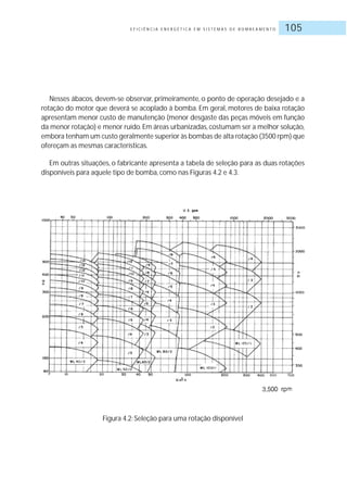 E F I C I Ê N C I A E N E R G É T I C A E M S I S T E M A S D E B O M B E A M E N T O 105
Nesses ábacos, devem-se observar, primeiramente, o ponto de operação desejado e a
rotação do motor que deverá se acoplado à bomba. Em geral, motores de baixa rotação
apresentam menor custo de manutenção (menor desgaste das peças móveis em função
da menor rotação) e menor ruído.Em áreas urbanizadas, costumam ser a melhor solução,
embora tenham um custo geralmente superior às bombas de alta rotação (3500 rpm) que
ofereçam as mesmas características.
Em outras situações, o fabricante apresenta a tabela de seleção para as duas rotações
disponíveis para aquele tipo de bomba, como nas Figuras 4.2 e 4.3.
Figura 4.2: Seleção para uma rotação disponível
 