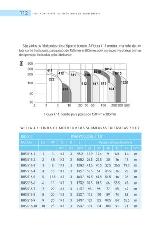 E F I C I Ê N C I A E N E R G É T I C A E M S I S T E M A S D E B O M B E A M E N T O112
São vários os fabricantes desse tipo de bomba. A Figura 4.11 mostra uma linha de um
fabricante tradicional, para poços de 150 mm e 200 mm, com as respectivas faixas ótimas
de operação indicadas pelo fabricante:
Figura 4.11: Bomba para poços de 150mm e 200mm
TABELA 4.1: LINHA DE MOTOBOMBAS SUBMERSAS TRIFÁSICAS 60 HZ
BHS 516 PARA POÇOS DE 6”E 8”
Modelo Est. HP D Ø L Vazão e altura elevatória
mm Pol mm 28 30 40 45 50 m/h
BHS 516-1 1 3 143 3 952 12.9 12.4 9 6.8 4.4 m
BHS 516-2 2 4.5 143 3 1082 26.5 25.5 20 16 11 m
BHS 516-3 3 8 143 3 1292 41.5 40.5 32.5 26.5 19.5 m
BHS 516-4 4 10 143 3 1457 55.5 54 43.5 36 28 m
BHS 516-5 5 12.5 143 3 1617 69.5 67.5 54.5 46 36 m
BHS 516-6 6 15 143 3 1792 83.5 81.5 66 55.5 43 m
BHS 516-7 7 20 143 3 2197 98 96 77 65 49 m
BHS 516-8 8 20 143 3 2307 112 109 89 74 58 m
BHS 516-9 9 20 143 3 2417 125 122 99.5 84 65.5 m
BHS 516-10 10 25 143 3 2597 137 134 108 91 71 m
 