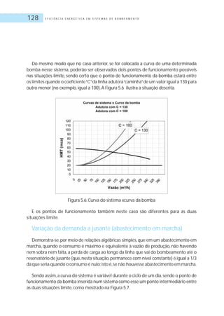 E F I C I Ê N C I A E N E R G É T I C A E M S I S T E M A S D E B O M B E A M E N T O128
Do mesmo modo que no caso anterior, se for colocada a curva de uma determinada
bomba nesse sistema, poderão ser observados dois pontos de funcionamento possíveis
nas situações limite, sendo certo que o ponto de funcionamento da bomba estará entre
os limites quando o coeficiente“C”da linha adutora“caminha”de um valor igual a 130 para
outro menor (no exemplo, igual a 100).A Figura 5.6 ilustra a situação descrita.
Figura 5.6: Curva do sistema xcurva da bomba
E os pontos de funcionamento também neste caso são diferentes para as duas
situações limite.
Variação da demanda a jusante (abastecimento em marcha)
Demonstra-se,por meio de relações algébricas simples,que em um abastecimento em
marcha, quando o consumo é máximo e equivalente à vazão de produção, não havendo
nem sobra nem falta, a perda de carga ao longo da linha que vai do bombeamento até o
reservatório de jusante (que,nesta situação,permanece com nível constante) é igual a 1/3
da que seria quando o consumo é nulo;isto é,se não houvesse abastecimento em marcha.
Sendo assim,a curva do sistema é variável durante o ciclo de um dia,sendo o ponto de
funcionamento da bomba inserida num sistema como esse um ponto intermediário entre
as duas situações limite, como mostrado na Figura 5.7.
 