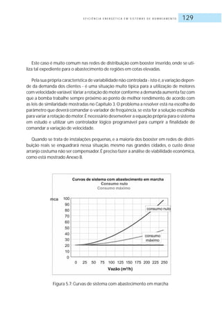E F I C I Ê N C I A E N E R G É T I C A E M S I S T E M A S D E B O M B E A M E N T O 129
Este caso é muito comum nas redes de distribuição com booster inserido, onde se uti-
liza tal expediente para o abastecimento de regiões em cotas elevadas.
Pela sua própria característica de variabilidade não controlada - isto é,a variação depen-
de da demanda dos clientes - é uma situação muito típica para a utilização de motores
com velocidade variável.Variar a rotação do motor conforme a demanda aumenta faz com
que a bomba trabalhe sempre próximo ao ponto de melhor rendimento, de acordo com
as leis de similaridade mostradas no Capítulo 3. O problema a resolver está na escolha do
parâmetro que deverá comandar o variador de freqüência,se esta for a solução escolhida
para variar a rotação do motor.É necessário desenvolver a equação própria para o sistema
em estudo e utilizar um controlador lógico programável para cumprir a finalidade de
comandar a variação de velocidade.
Quando se trata de instalações pequenas, e a maioria dos booster em redes de distri-
buição reais se enquadrará nessa situação, mesmo nas grandes cidades, o custo desse
arranjo costuma não ser compensador.É preciso fazer a análise de viabilidade econômica,
como está mostrado Anexo B.
Figura 5.7: Curvas de sistema com abastecimento em marcha
 