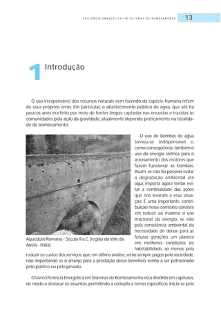 E F I C I Ê N C I A E N E R G É T I C A E M S I S T E M A S D E B O M B E A M E N T O 13
1Introdução
O uso irresponsável dos recursos naturais vem fazendo da espécie humana refém
de seus próprios erros. Em particular, o abastecimento público de água, que até há
poucos anos era feito por meio de fontes limpas captadas nas encostas e trazidas às
comunidades pela ação da gravidade, atualmente depende praticamente na totalida-
de de bombeamento.
O uso de bombas de água
tornou-se indispensável e,
como conseqüência, também o
uso da energia elétrica para o
acionamento dos motores que
fazem funcionar as bombas.
Assim, se não foi possível evitar
a degradação ambiental até
aqui, importa agora tentar evi-
tar a continuidade das ações
que nos levaram a essa situa-
ção. E uma importante contri-
buição nesse contexto consiste
em reduzir ao máximo o uso
irracional da energia, se não
pela consciência ambiental da
necessidade de deixar para as
futuras gerações um planeta
em melhores condições de
habitabilidade, ao menos pela
reduzir os custos dos serviços,que,em última análise,serão sempre pagos pela sociedade,
não importando se o arranjo para a prestação desse benefício venha a ser patrocinado
pelo público ou pelo privado.
O Livro Eficiência Energética em Sistemas de Bombeamento está dividido em capítulos,
de modo a destacar os assuntos, permitindo a consulta a temas específicos. Inicia-se pela
Aqueduto Romano - Século II a.C.(região do Vale da
Aosta - Itália)
 