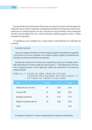 E F I C I Ê N C I A E N E R G É T I C A E M S I S T E M A S D E B O M B E A M E N T O150
É preciso ainda estar atento para o fato de que nos poços de sucção o nível da água nor-
malmente não se mantém constante ao longo do ciclo diário de consumo (o mesmo ocor-
rendo com as estações booster, em que a pressão na sucção também varia ao longo do
ciclo de consumo diário). Por isso, a norma é bastante explícita quando se refere a“todos
os pontos de operação”.
O exemplo de uma condição real, a seguir, ilustra o procedimento de verificação da
cavitação.
Exemplo numérico
Seja uma estação elevatória com dois conjuntos iguais funcionando em paralelo
e um terceiro de reserva. Verifique se as bombas estarão sujeitas ao fenômeno da
cavitação nas diversas condições de operação.
As linhas de sucção têm 10 metros de comprimento, são de ferro fundido cimen-
tado internamente em bom estado de conservação (C = 130), diâmetro de 250 mm,
com as seguintes peças e seus respectivos valores do coeficiente “K” de perda de
carga localizada:
TA B E L A 6 . 1 : P E Ç A S D E U M A L I N H A D E S U C Ç Ã O
E R E S P E C T I V O S VA L O R E S D O C O E F I C I E N T E “ K ”
D E P E R D A D E C A R G A L O C A L I Z A D A
PEÇA QUANT. “K” TOTAL
Válvula de pé com crivo 01 2,50 2,50
Curva de 90º 01 0,40 0,40
Redução excêntrica 01 0,15 0,15
Registro de gaveta aberto 01 0,20 0,20
Total - - 3,25
O esquema da Figura 6.1 mostra a disposição dos conjuntos motobomba:
 